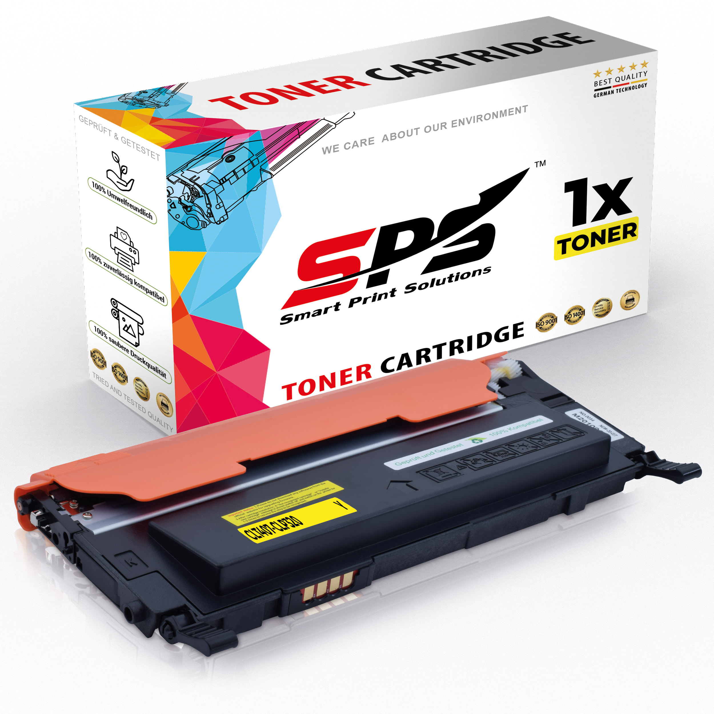 Schwarze und gelbe Tonerkartusche vor einer weißen Box mit 'Toner Cartridge' und mehr.