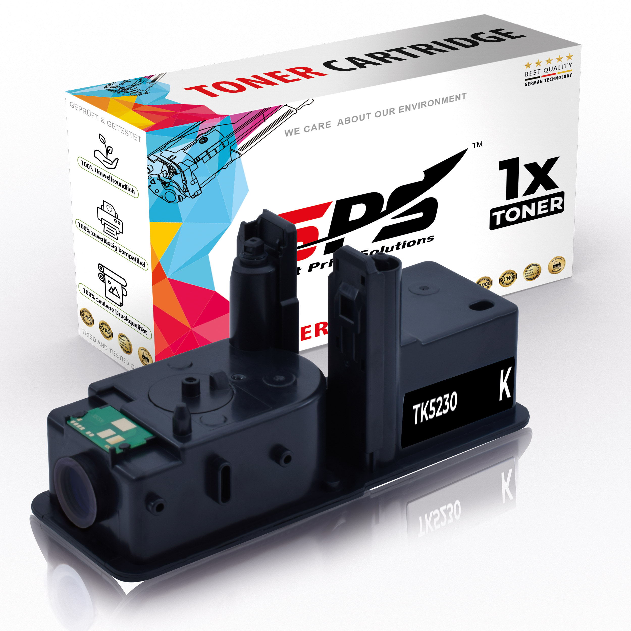 Schwarz-pinkfarbene Tonerkartusche und eine Box mit der Aufschrift 'TONER CARTRIDGE', mit '1x TONER'.