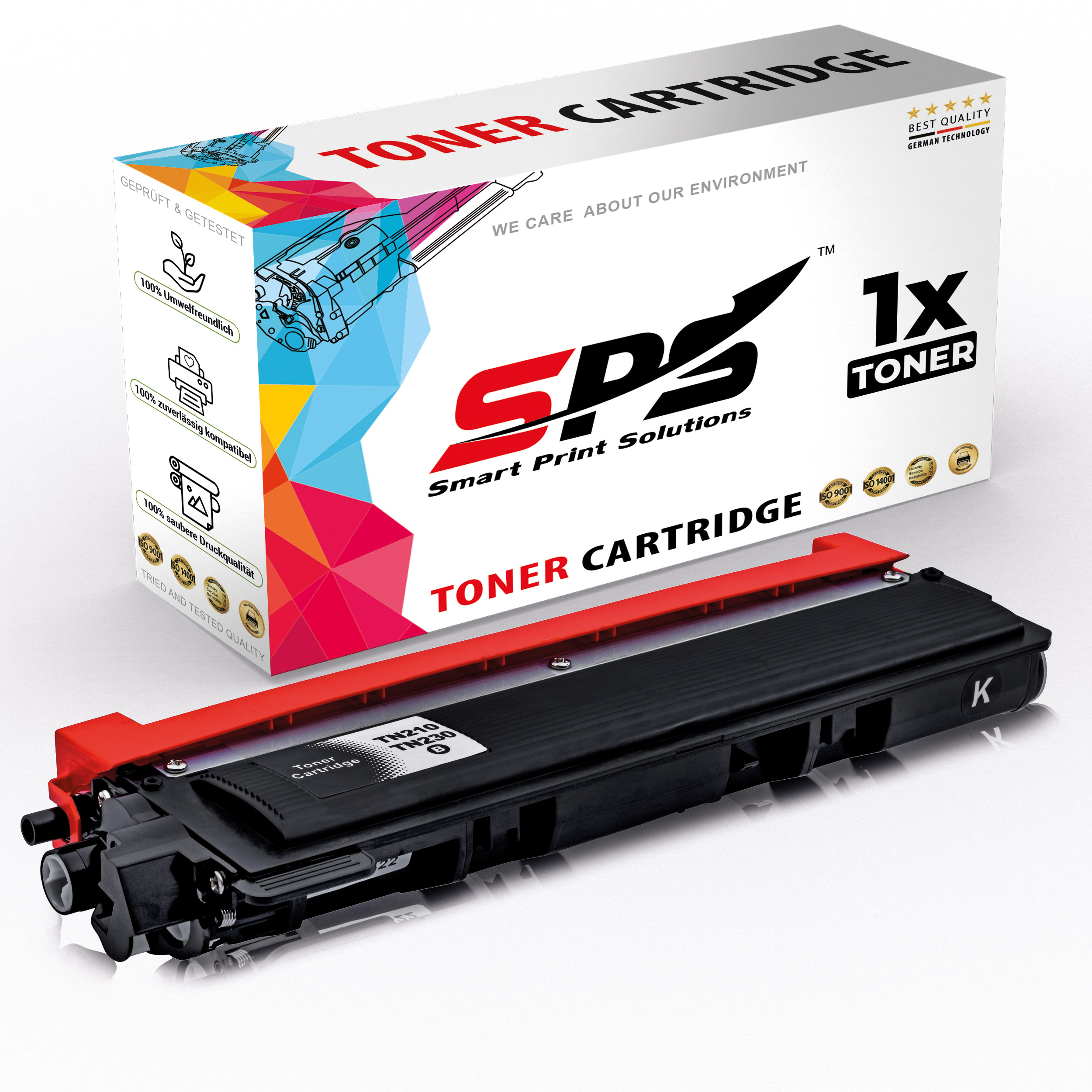 Eine schwarz-rote Tonerkartusche liegt vor ihrer Verpackung. Auf der Box steht 'TONER CARTRIDGE' und 'Smart Print Solutions'.