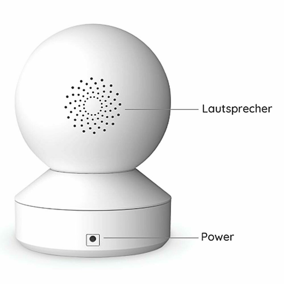 Weißes Smart-Home-Gerät mit Lautsprecher und Stromanschluss. Text auf Deutsch.