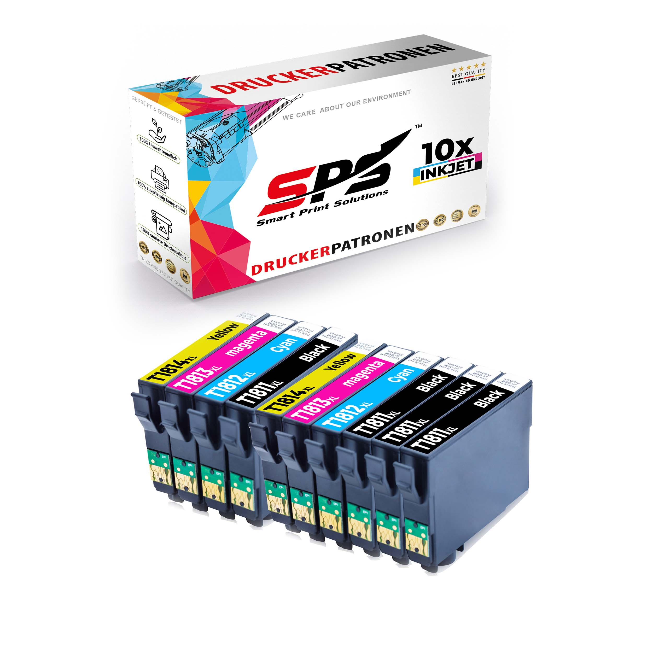 Tintenpatronen mit Box, Marke: Smart Print Solutions. Farben: Cyan, Magenta, Gelb, Schwarz. Text: Druckerpatronen.