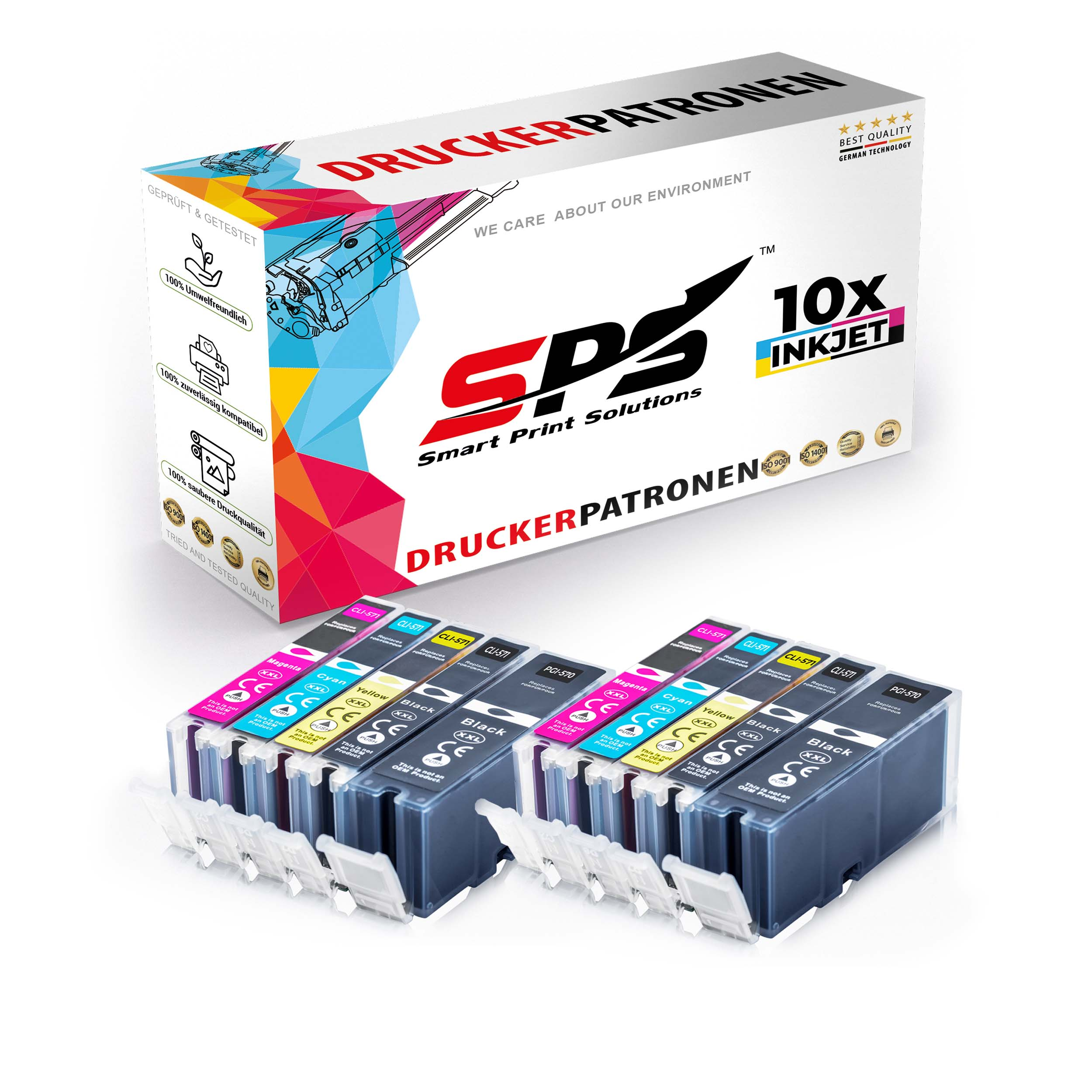 Tintenpatronen mit Box, Marke: Smart Print Solutions. Farben: Cyan, Magenta, Gelb, Schwarz. Text: Druckerpatronen.