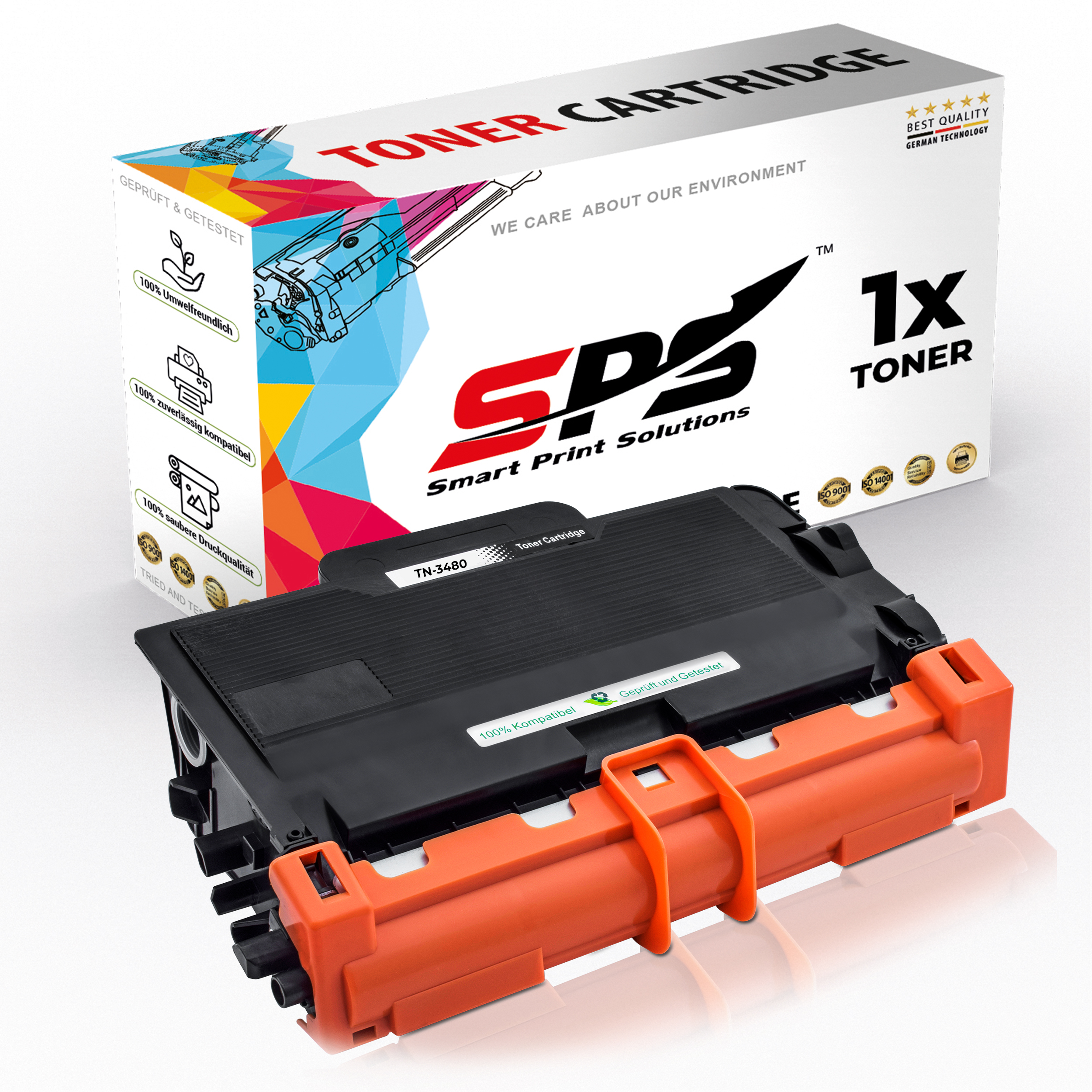 Eine orangefarbene und schwarze Tonerkartusche liegt vor ihrer Verpackung. Auf der Box steht 'TONER CARTRIDGE' und 'Smart Print Solutions'.
