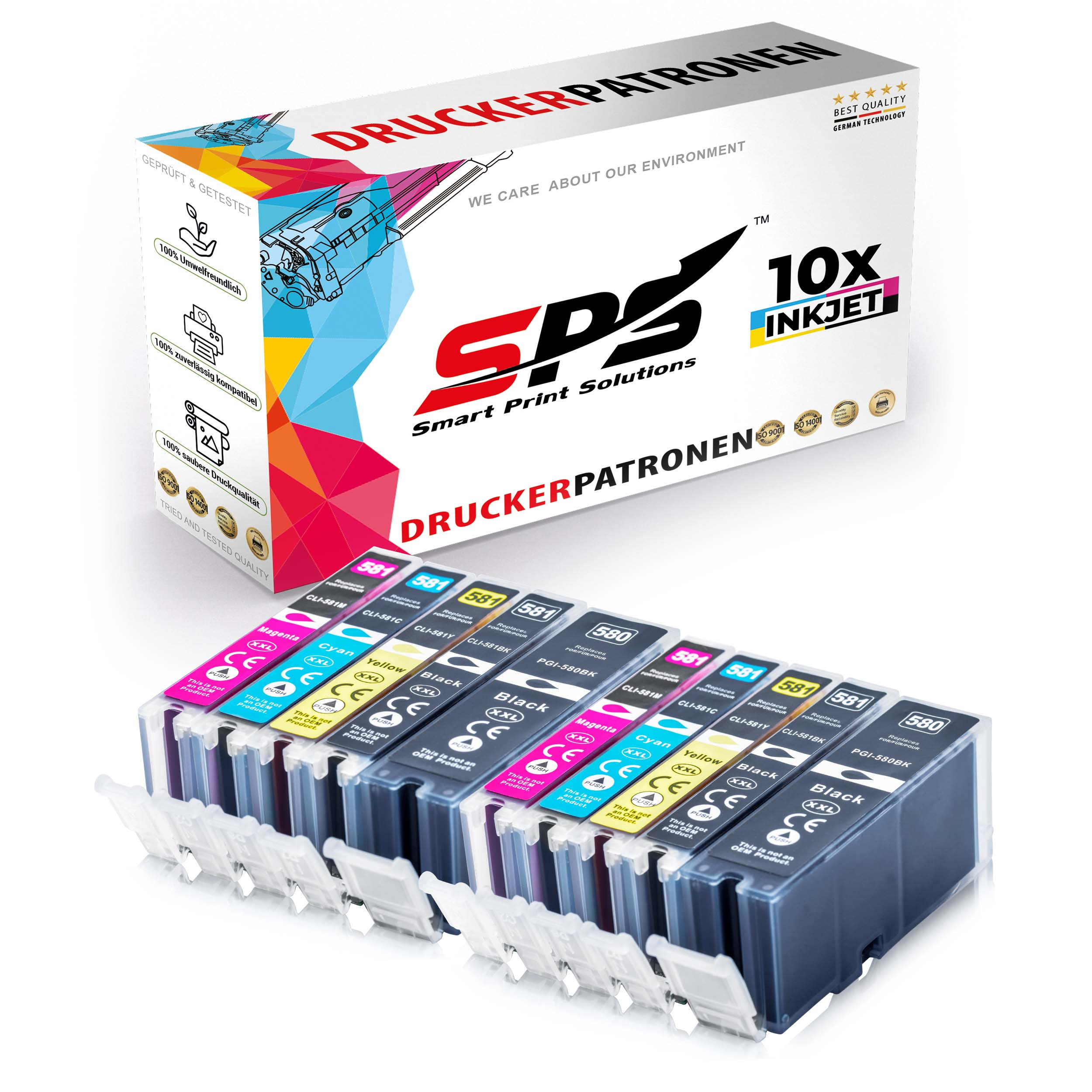 Tintenpatronen in verschiedenen Farben mit Verpackungen im Hintergrund.