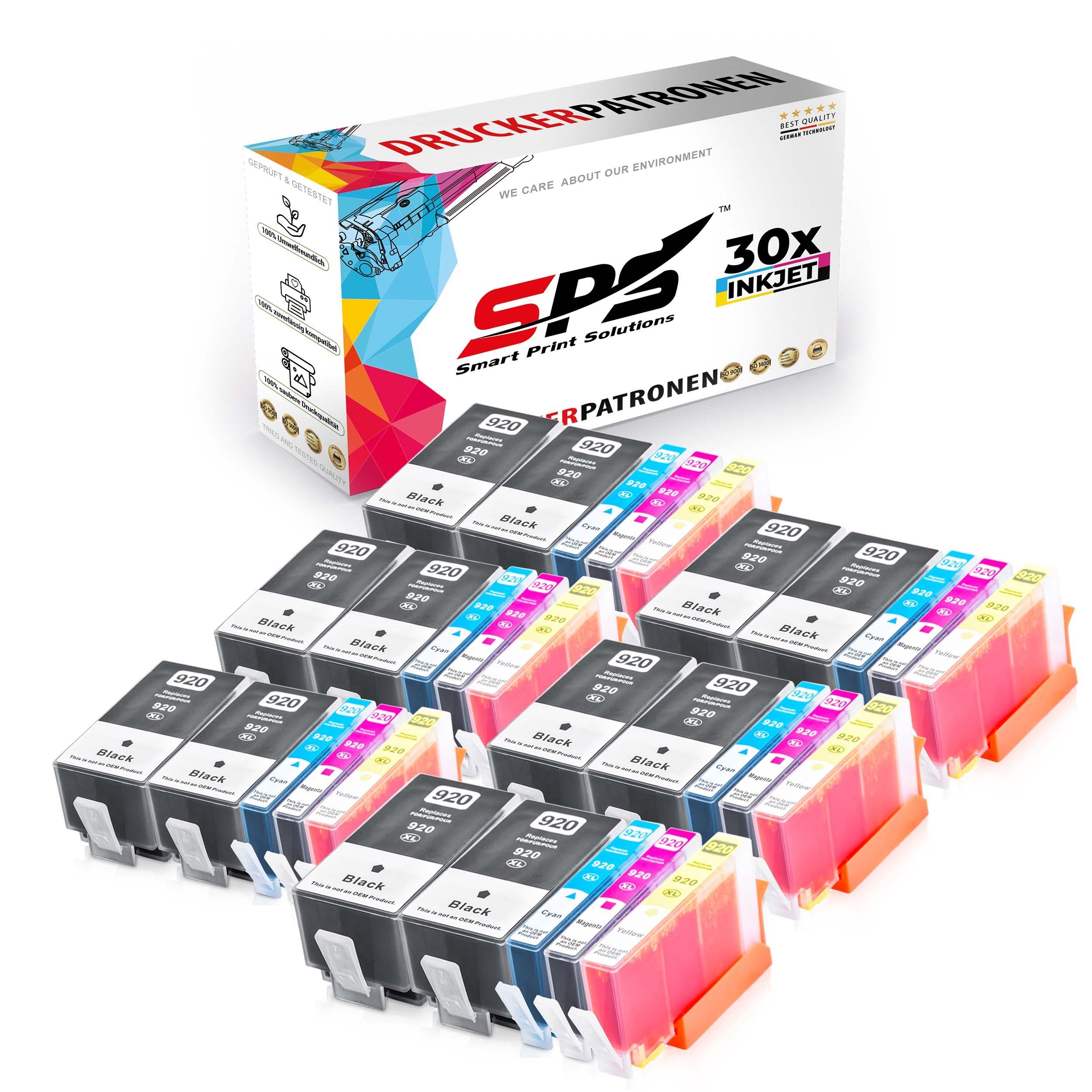 Tintenpatronen mit Kartons. Auf der Box steht 30x Inkjet. Die Patronen sind schwarz, cyan, gelb und magenta.