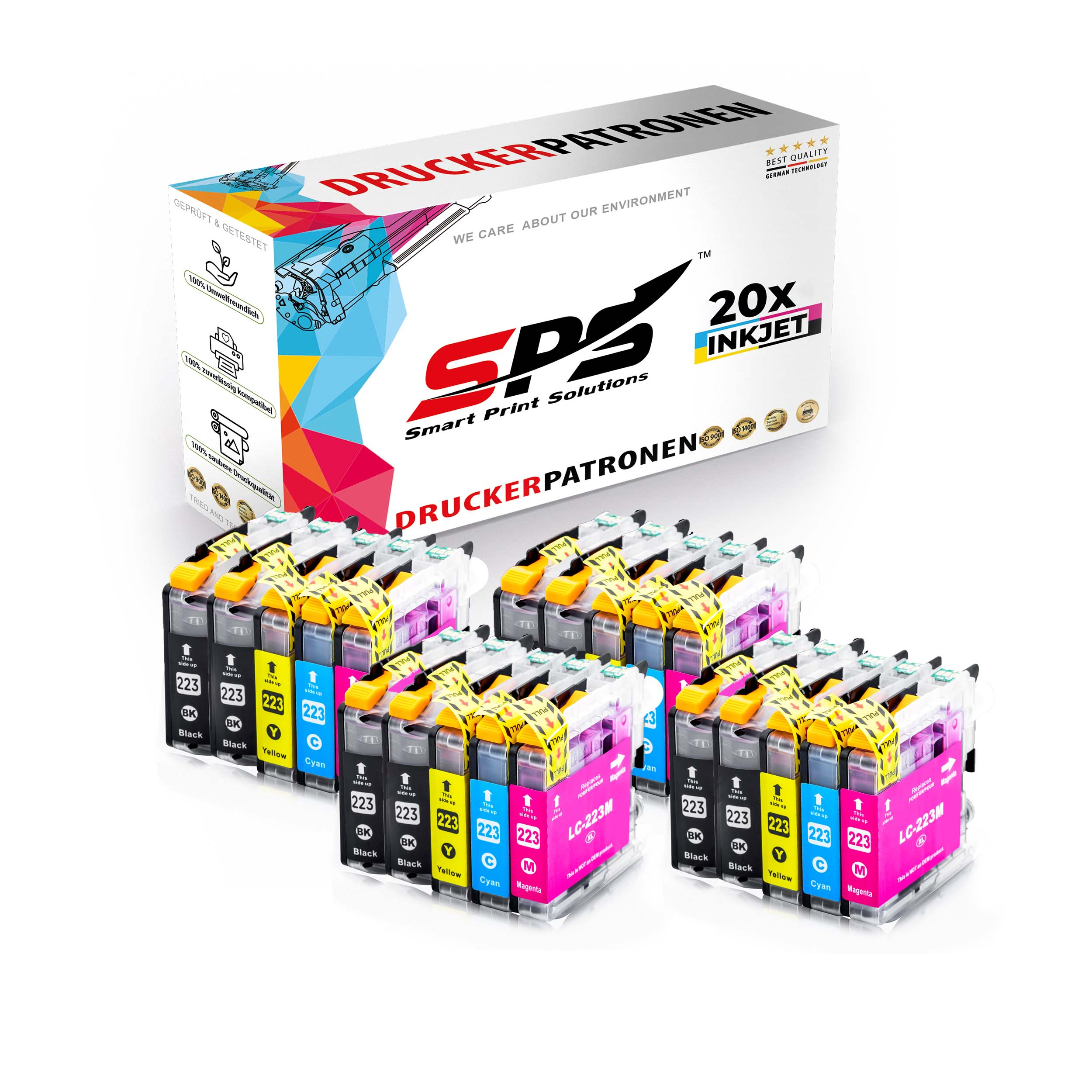Tintenstrahl-Druckerpatronen in Schwarz, Gelb, Cyan und Magenta, mit einer Box im Hintergrund.