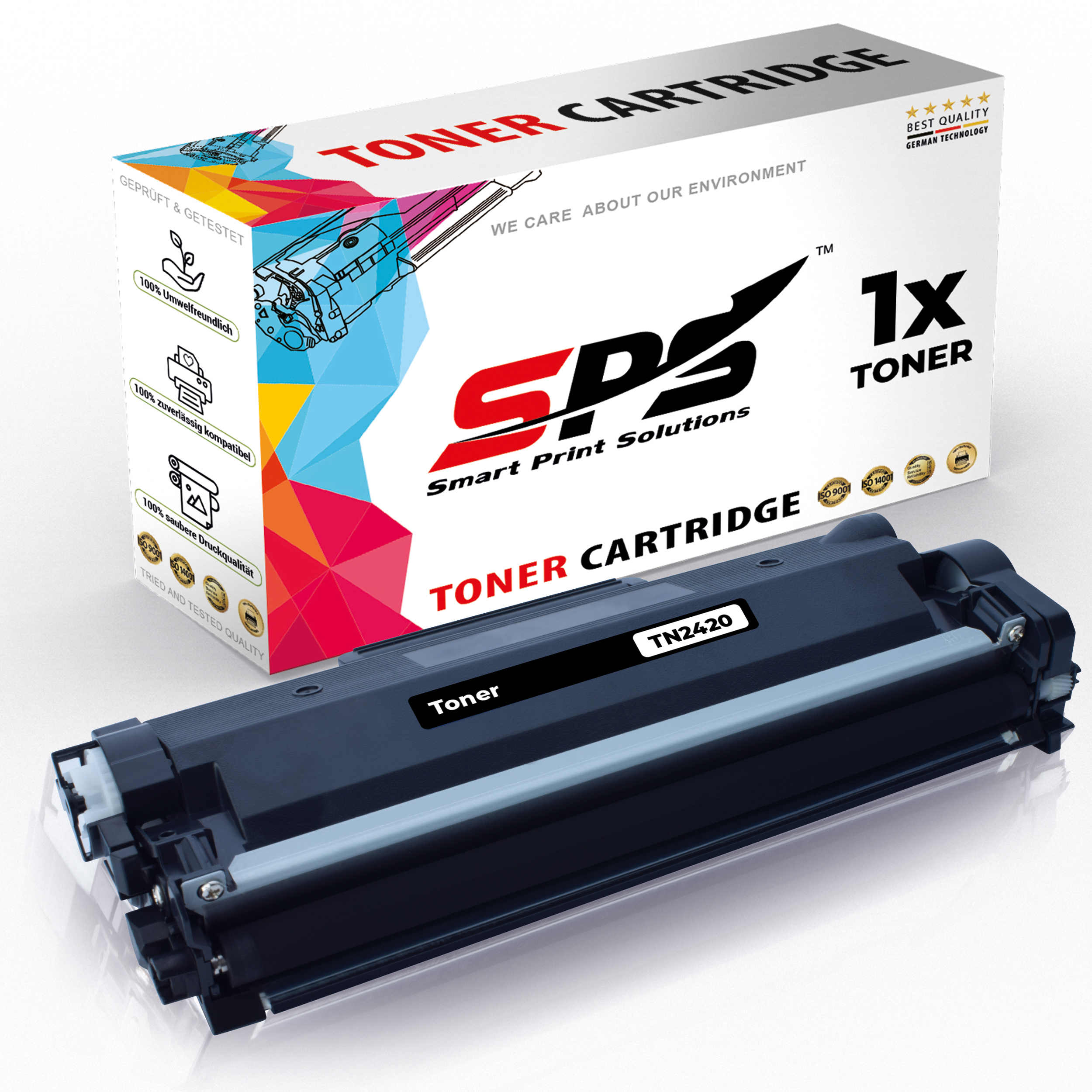 Schwarze Tonerkartusche vor ihrer Box. Text: 'Toner' und '1x Toner'.
