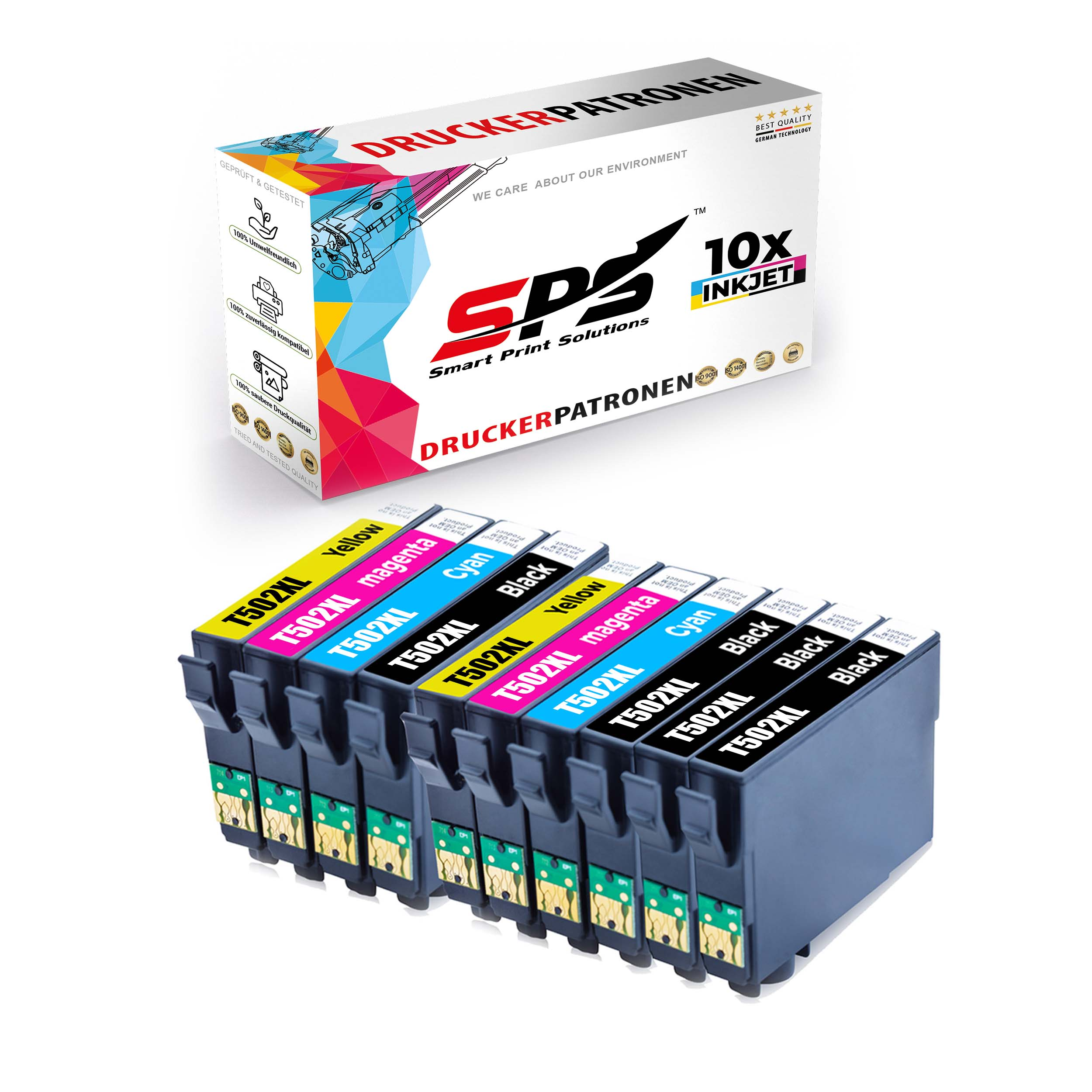 Tintenpatronen in einer Box. Verschiedene Farben. Die Box hat den Markennamen und Produktdetails.