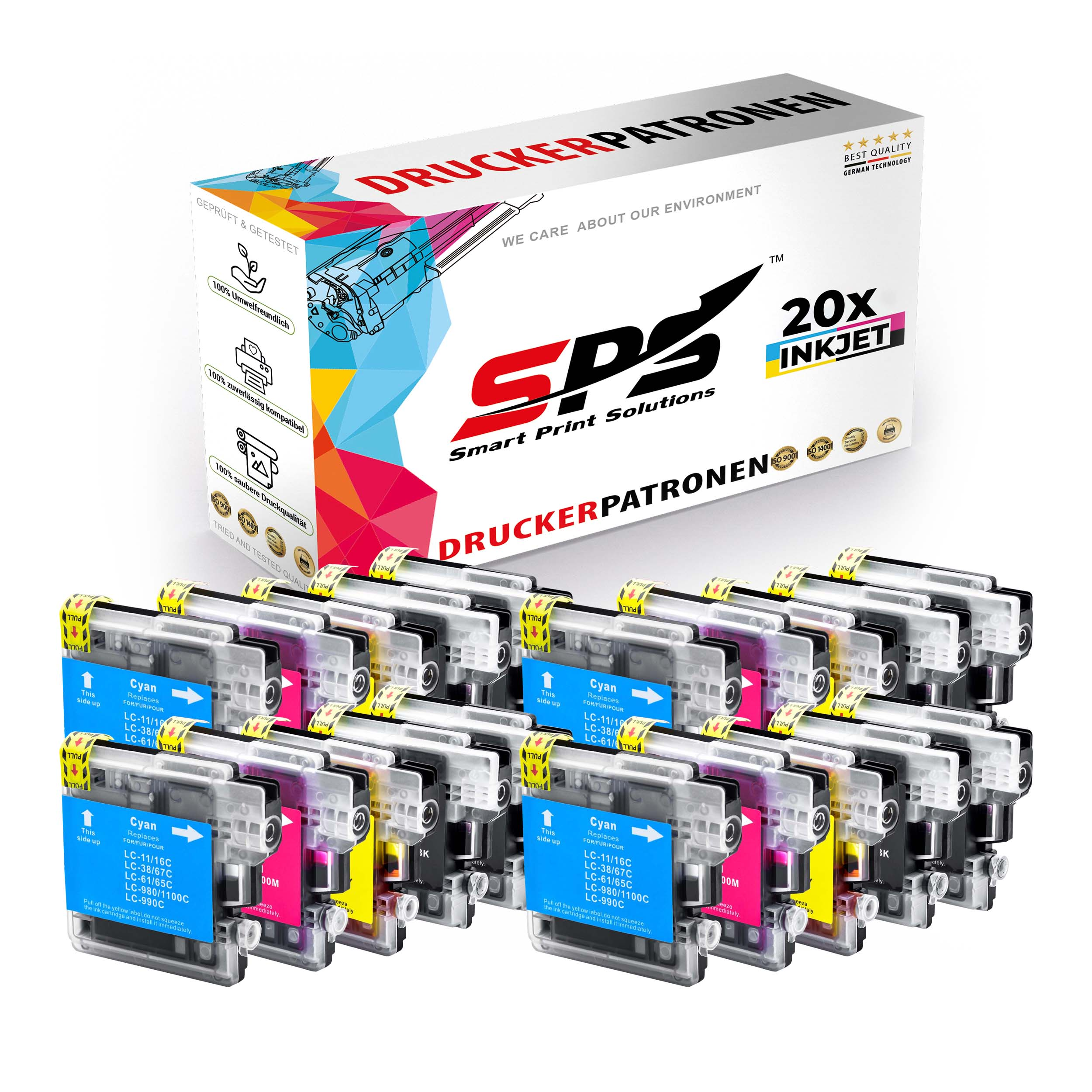 Tintenstrahlpatronen in mehreren Farben. Box mit 'Smart Print Solutions' Logo. Cyan, Magenta, Gelb und Schwarz.
