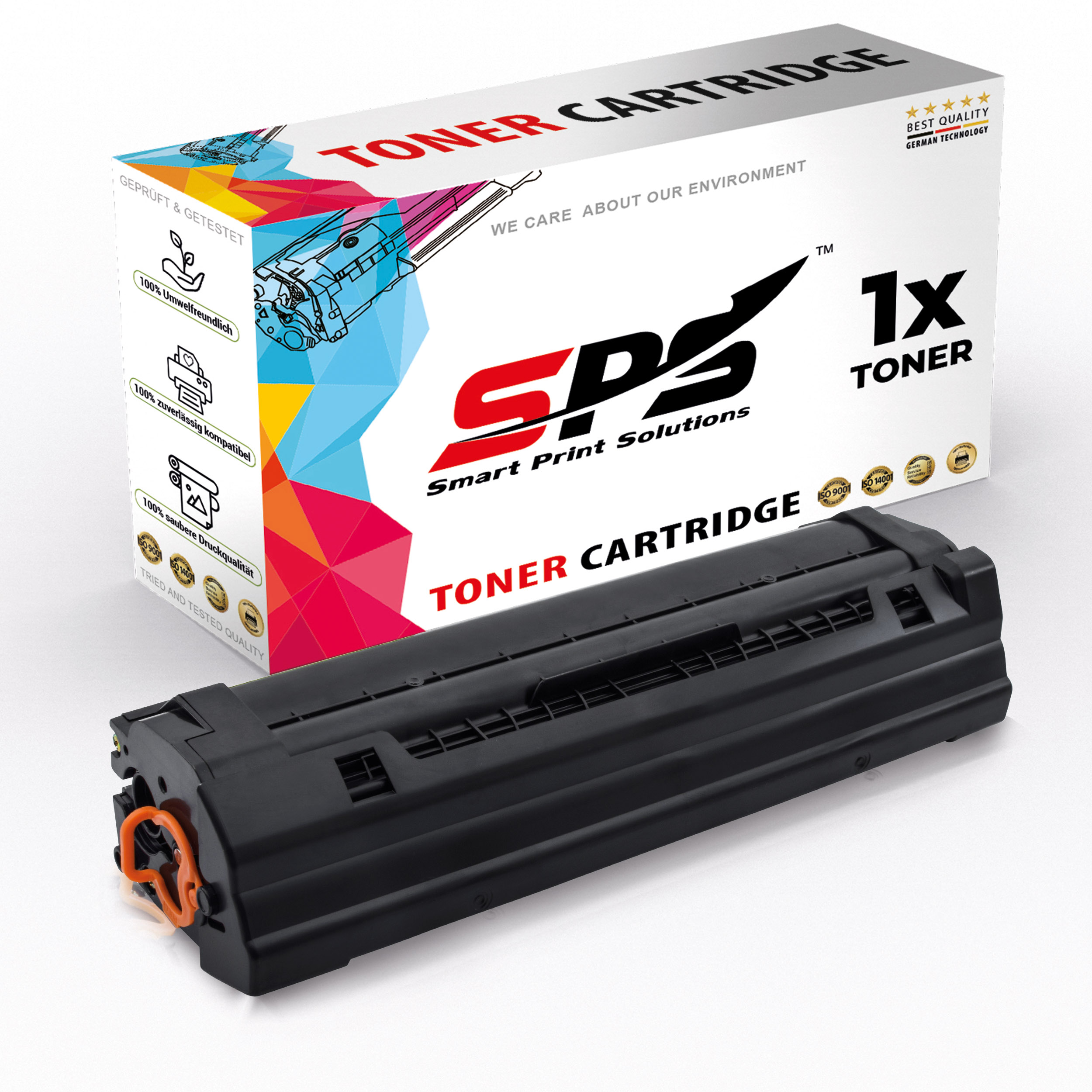 Schwarze Tonerkartusche neben einer Box mit der Aufschrift Tonerkartusche und 1x Toner.