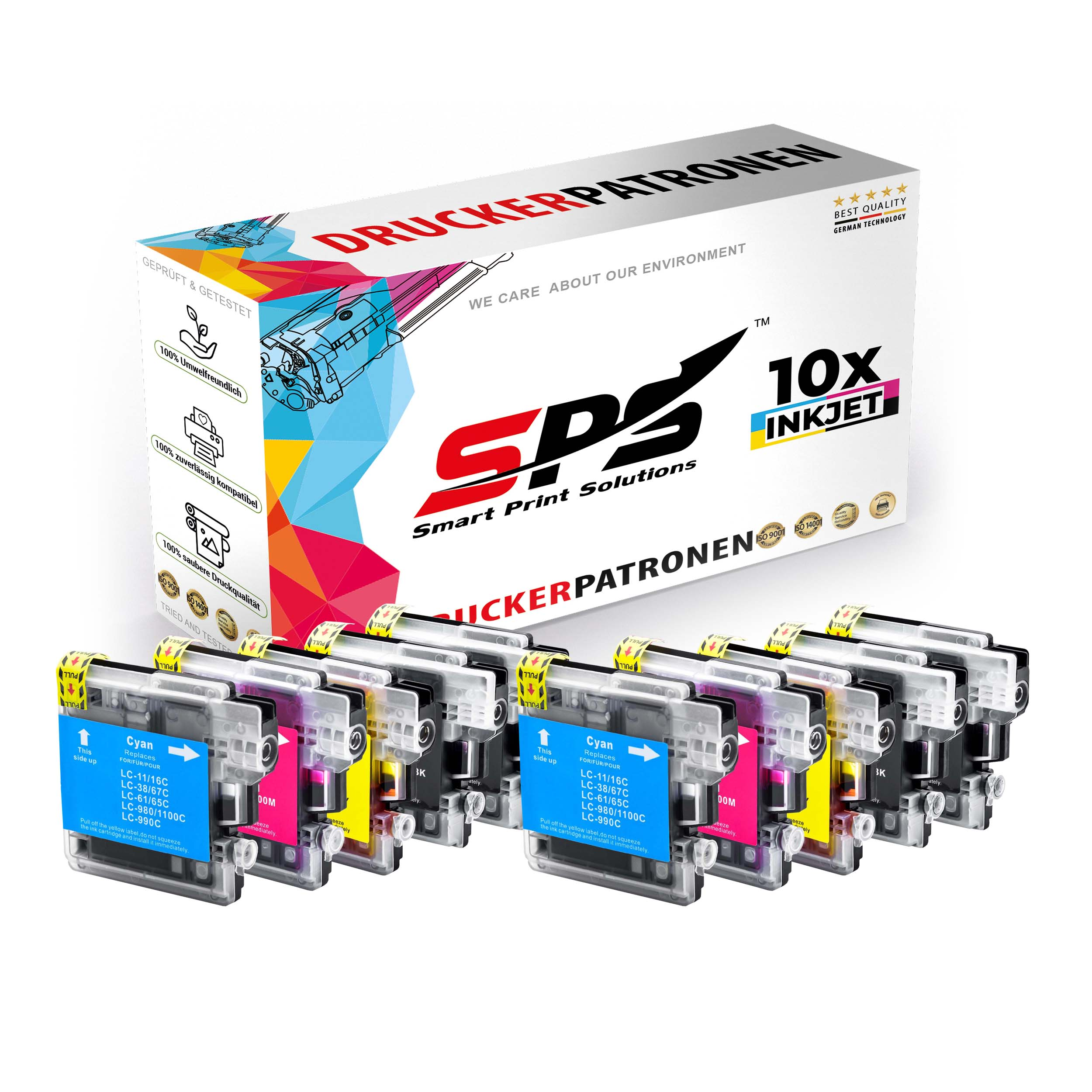 Tintenpatronen in verschiedenen Farben mit einer Box, Marke SPS Smart Print Solutions und Text Druckerpatronen.