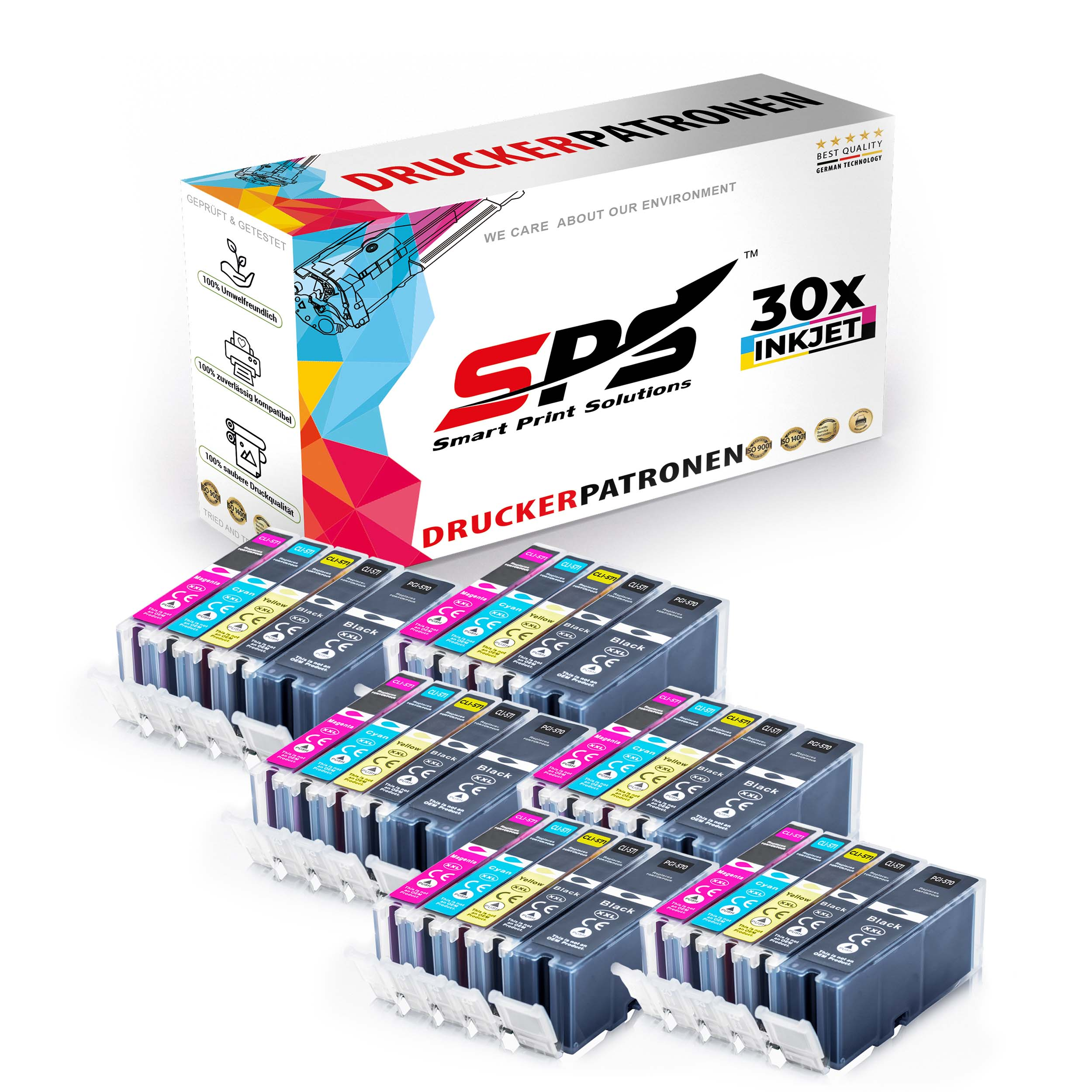 Tintenpatronen-Set in verschiedenen Farben mit einer Box. Auf der Box steht 'DRUCKERPATRONEN' und '30x INKJET'.