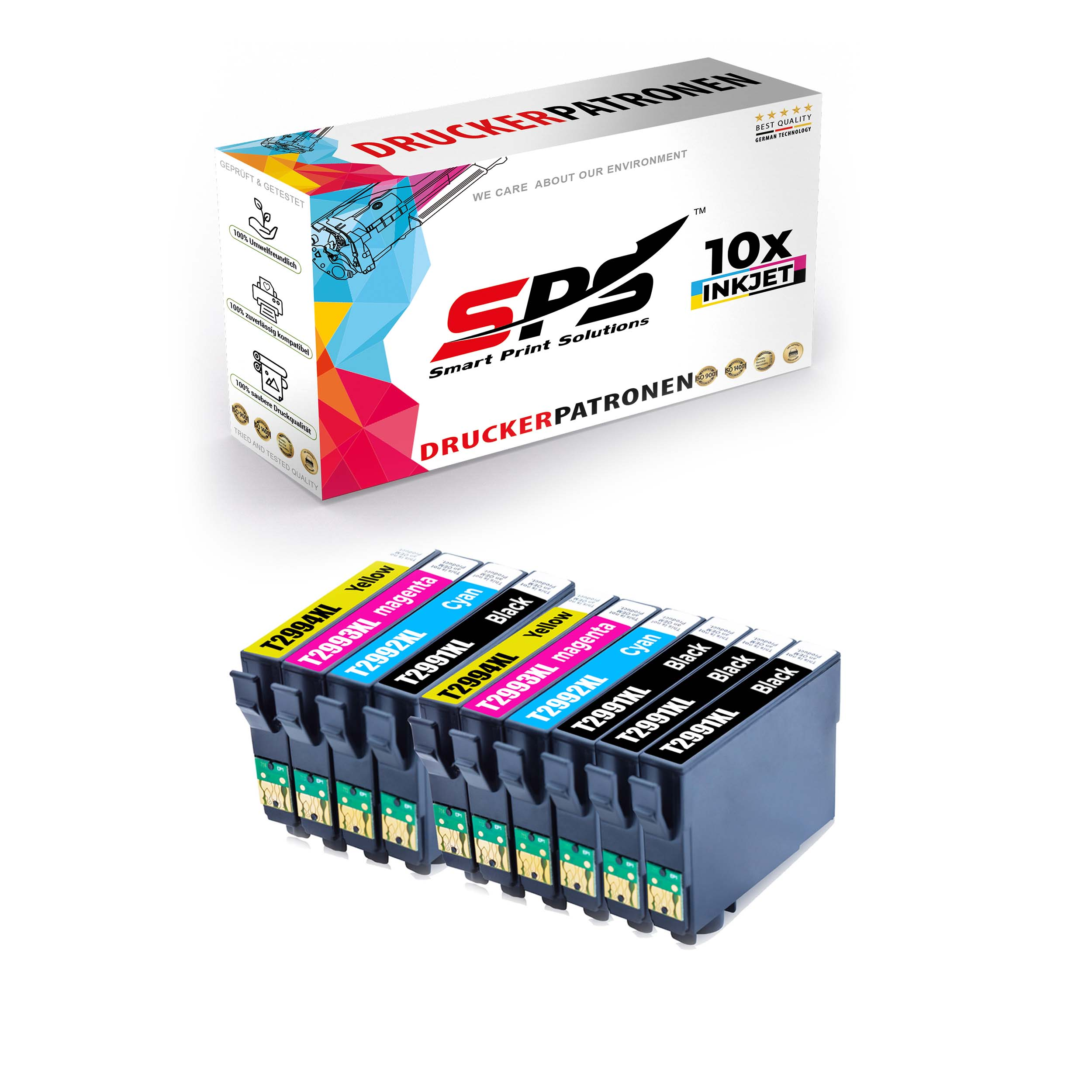 Tintenpatronen in einer Box. Die Patronen sind gelb, magenta, cyan und schwarz.