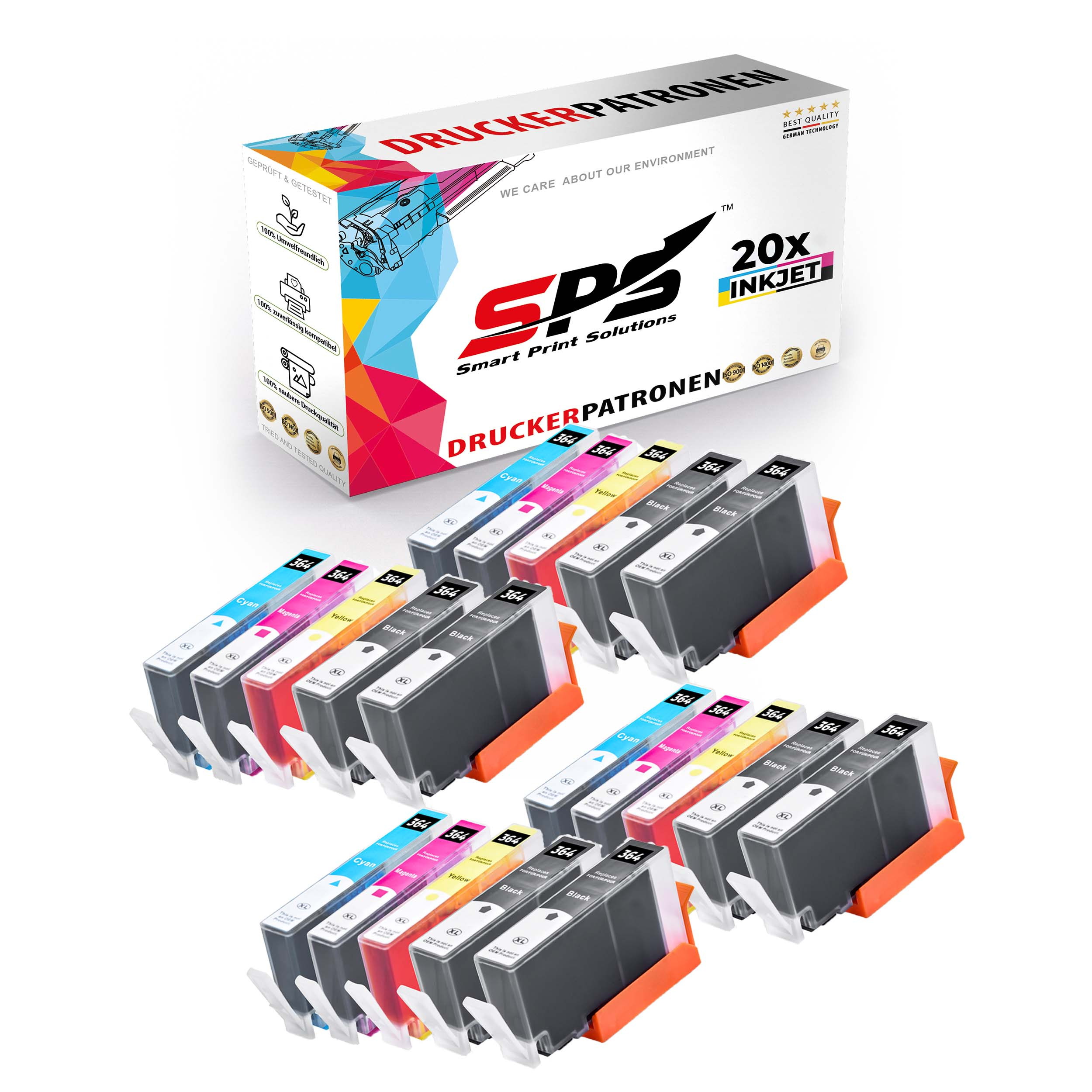 Tintenpatronen-Set in verschiedenen Farben mit einer Box. Auf der Box steht 'DRUCKERPATRONEN' und '20x INKJET'.