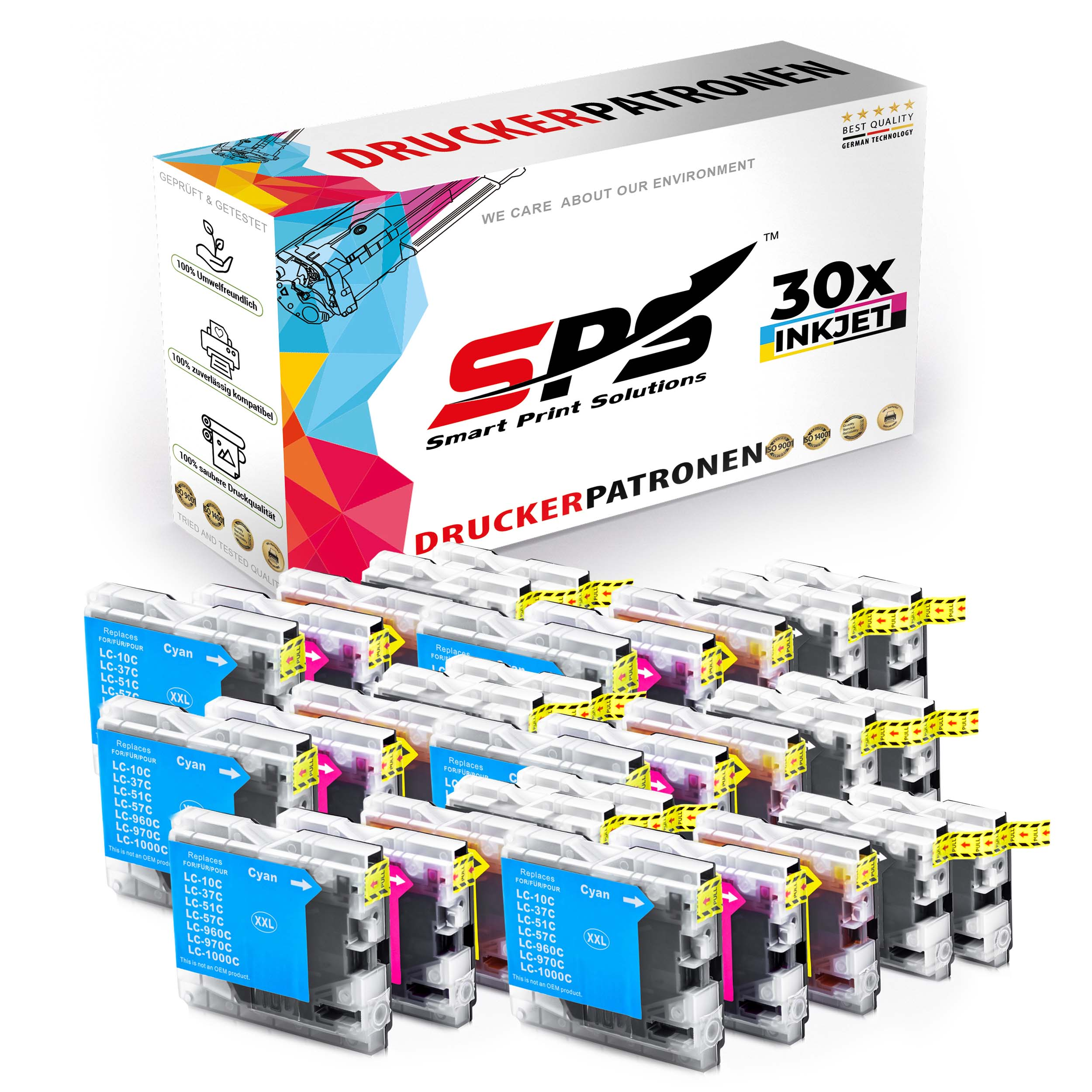 Tintenpatronen in Gelb, Schwarz, Cyan und Magenta werden vor einer Produktbox angezeigt.
