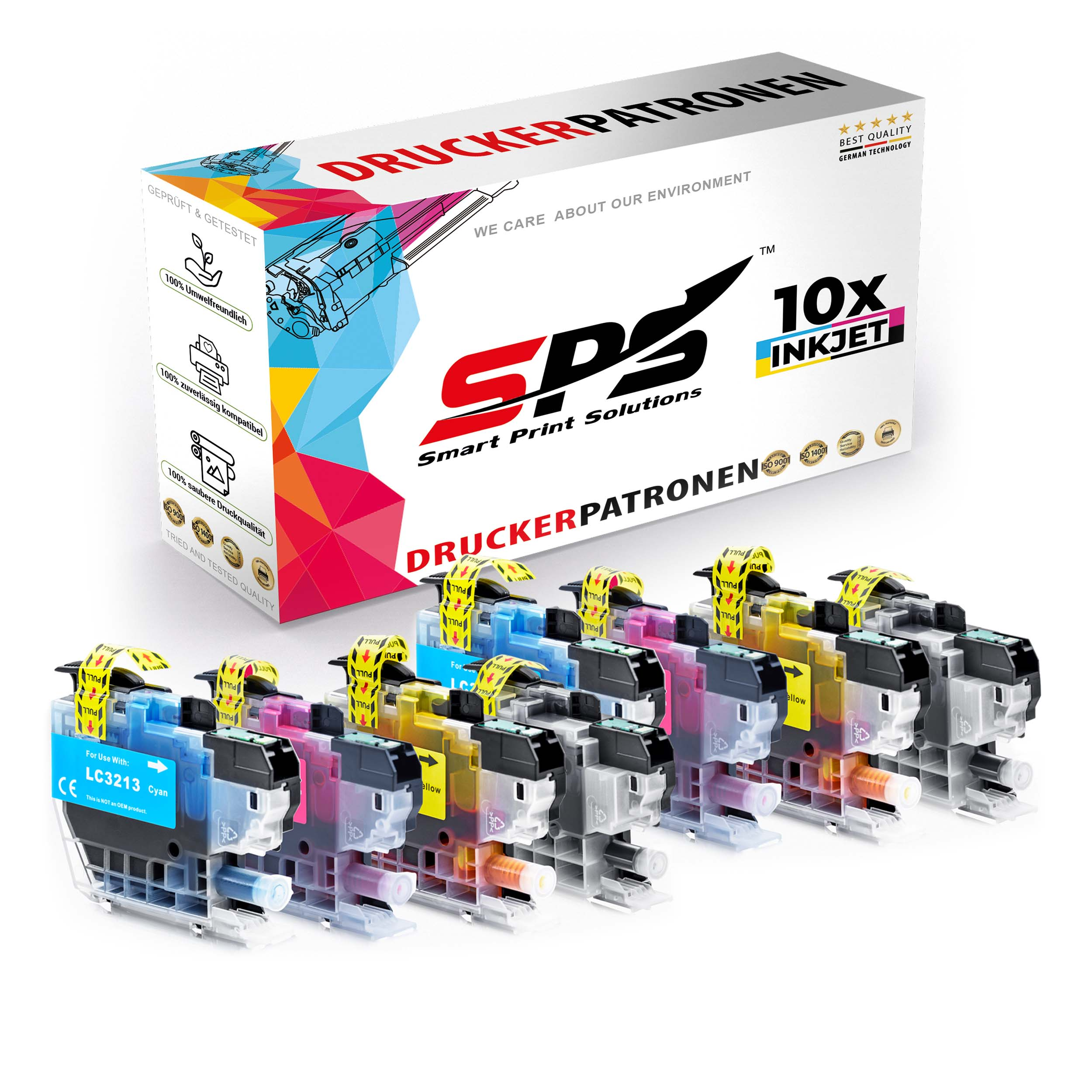 Mehrfarbige Tintenpatronen in schwarz-weißen Boxen. Die Boxen zeigen das Logo '10x Inkjet'.