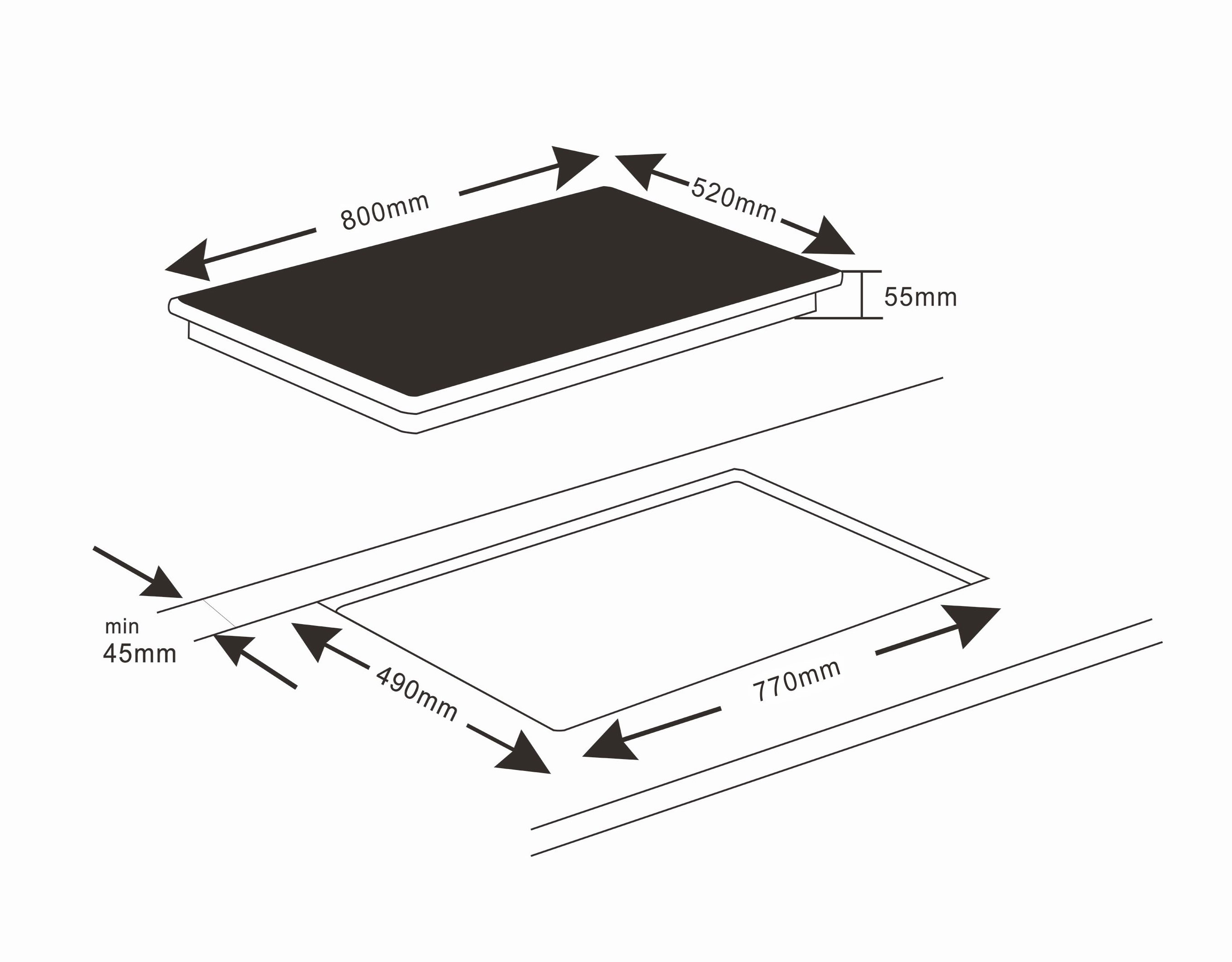 Diagramm eines schwarzen Kochfelds mit Abmessungen. Zeigt Draufsicht und Untersicht mit Messungen.