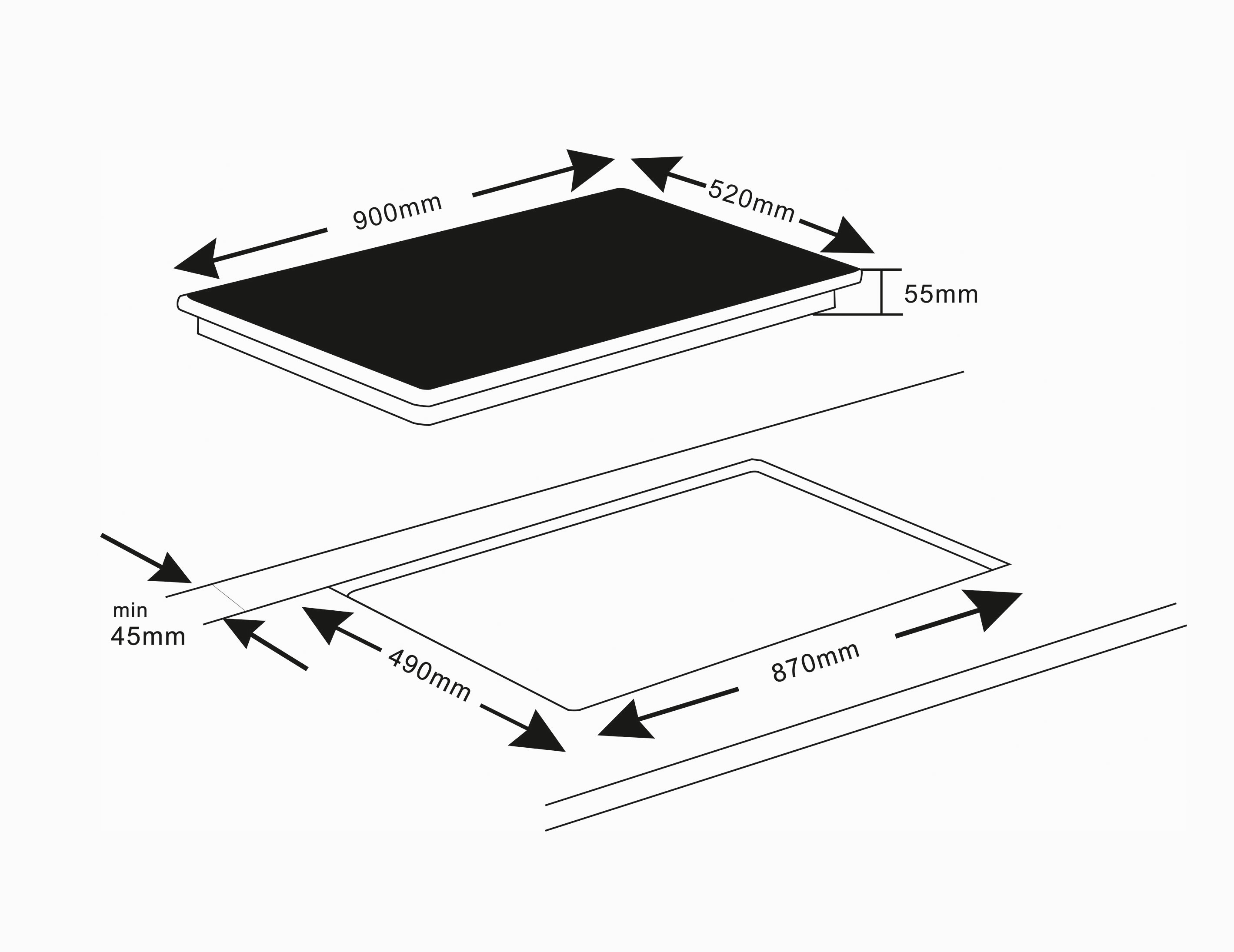 Diagramm eines Induktionskochfelds mit Abmessungen in Millimetern. Die Oberfläche ist schwarz.