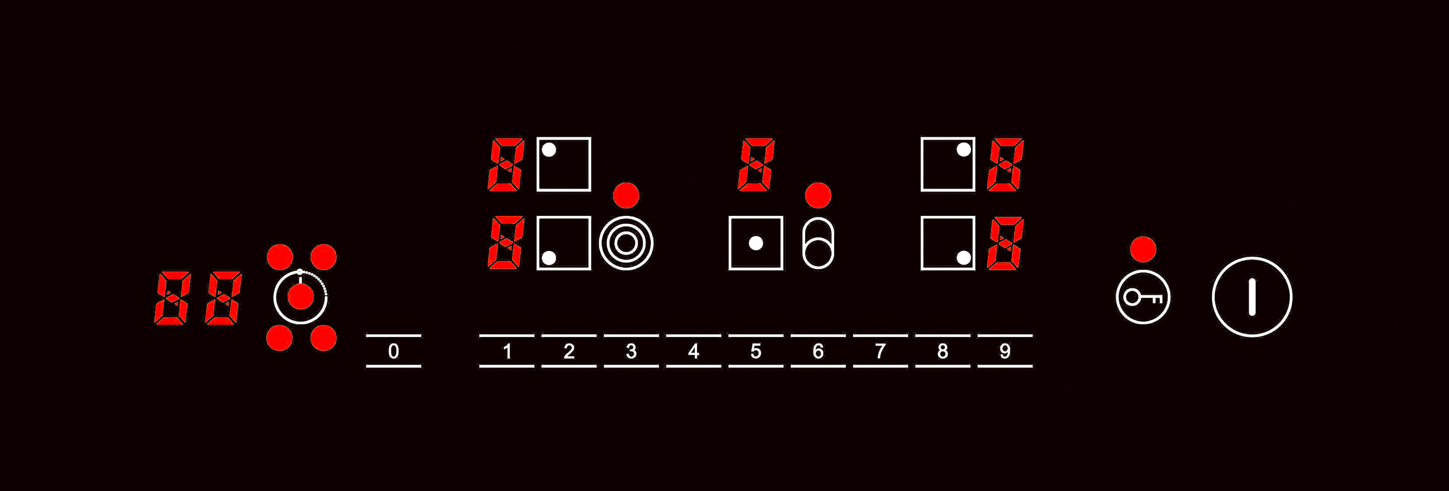 Schwarzer Bildschirm mit roten Zahlen und Symbolen. Eine Digitalanzeige mit roten LEDs auf schwarzem Grund.