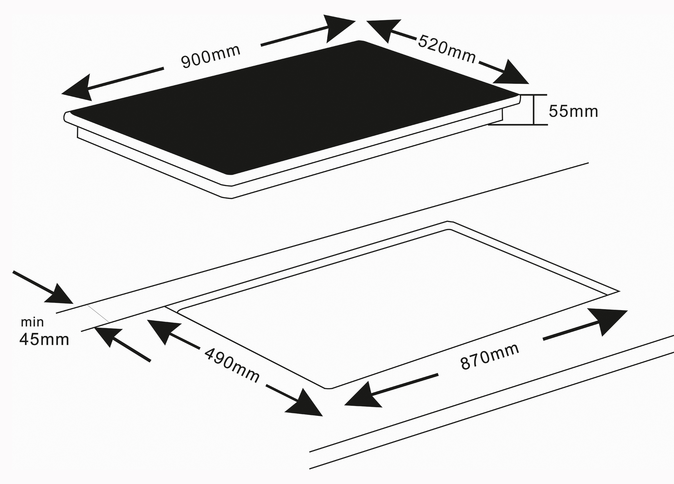 Ein Diagramm eines schwarzen Kochfelds. Mit Abmessungen und Layout. Weißer Hintergrund.