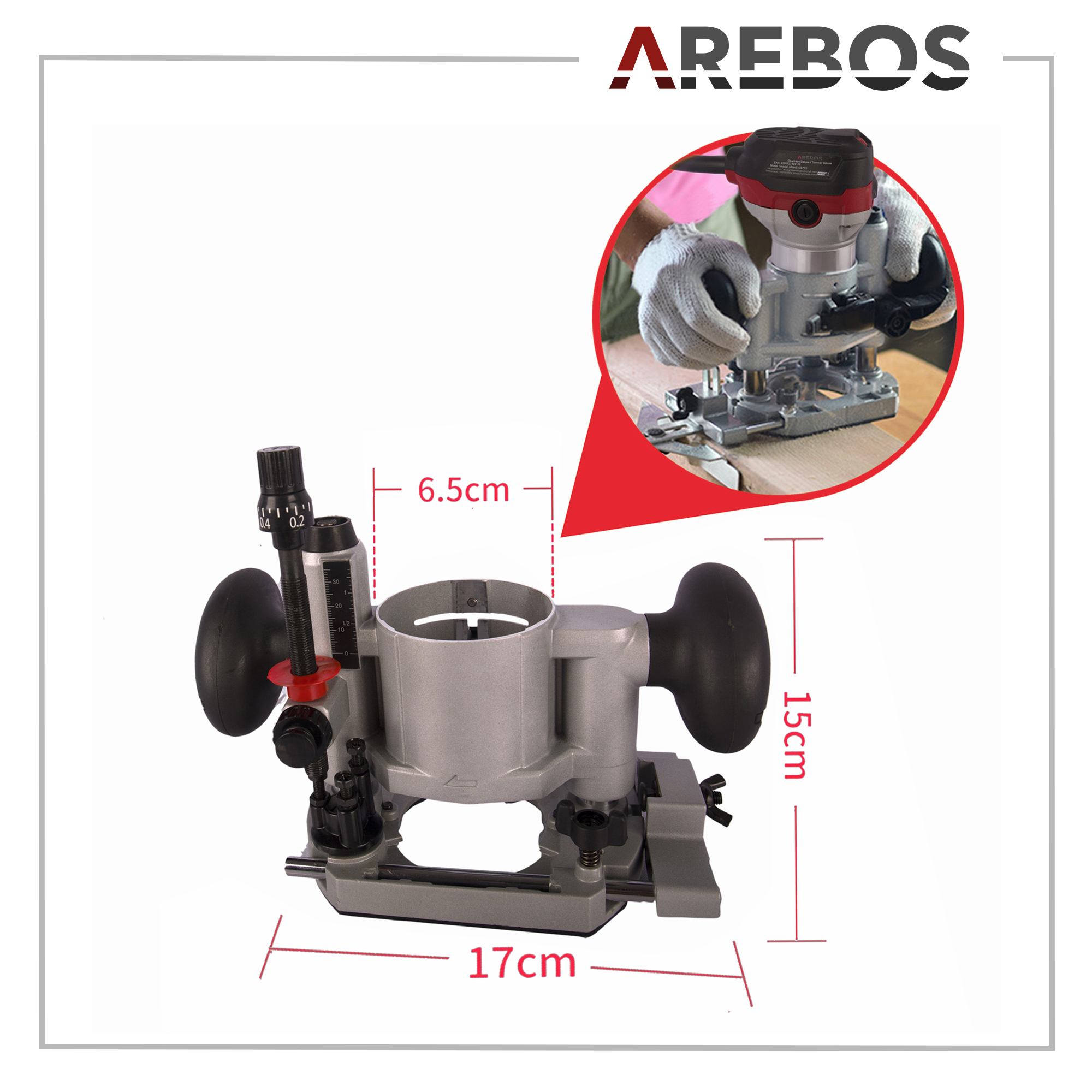 Metallfräsmaschine mit Maßangaben. Roter Pfeil zeigt auf die Fräsmaschine.