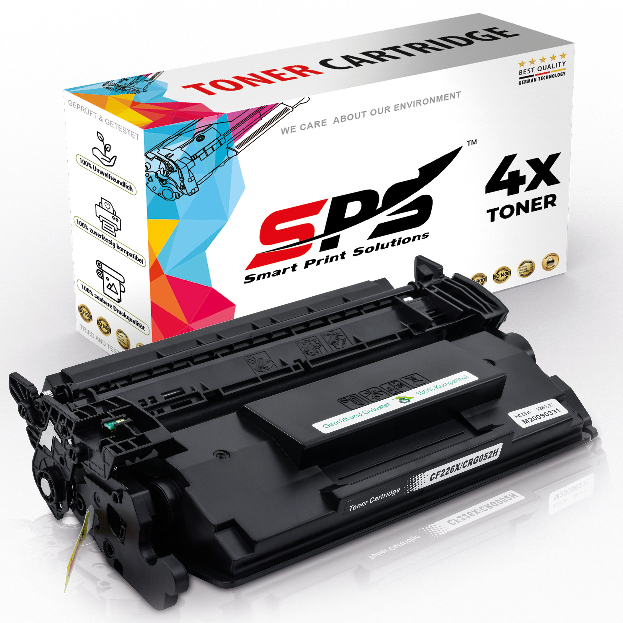 Schwarze Tonerkartusche vor einer mit 'Toner Cartridge' beschrifteten Box.