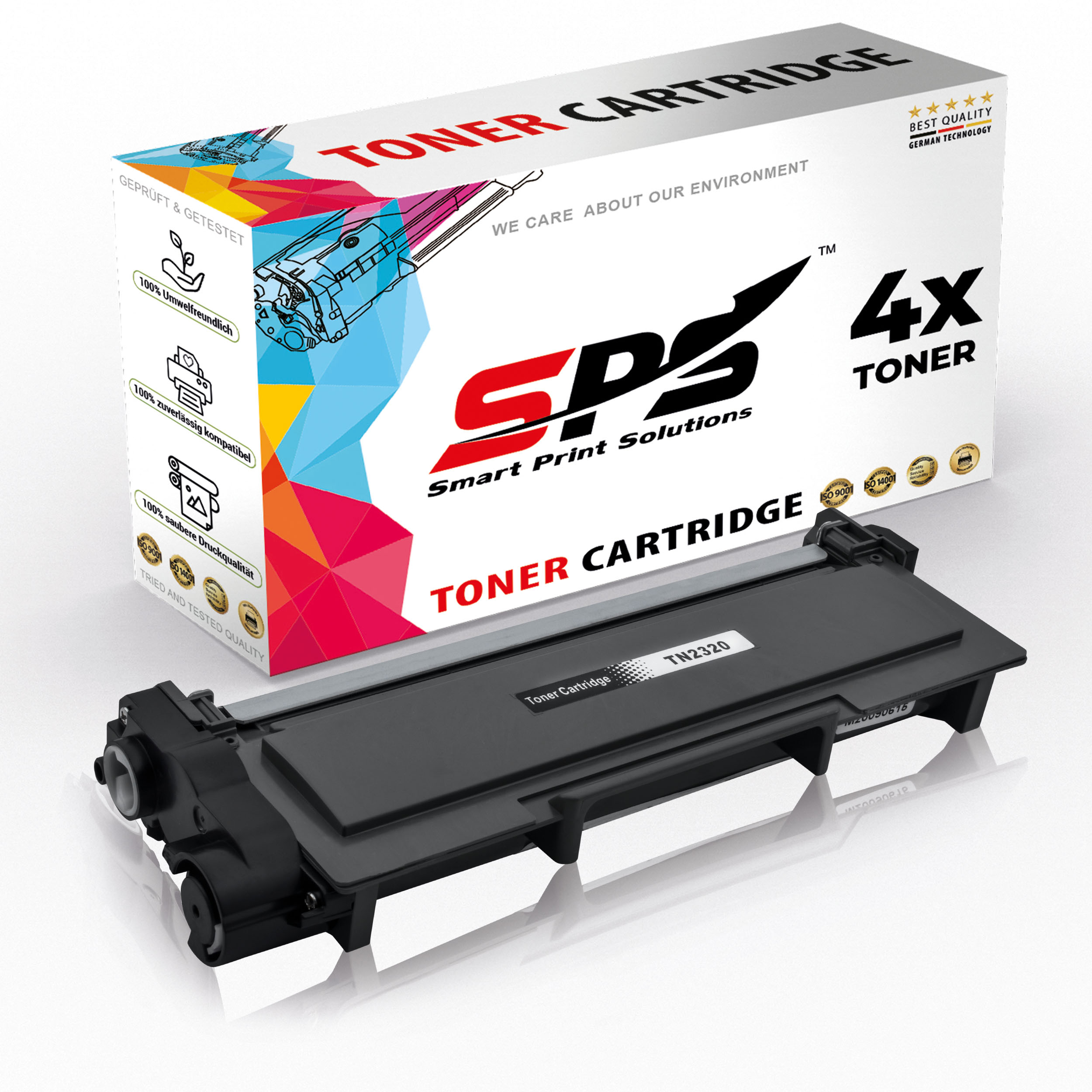 Schwarze Tonerkartusche mit Box. Box zeigt 4x Toner und Markenlogo. Hintergrund ist weiß.