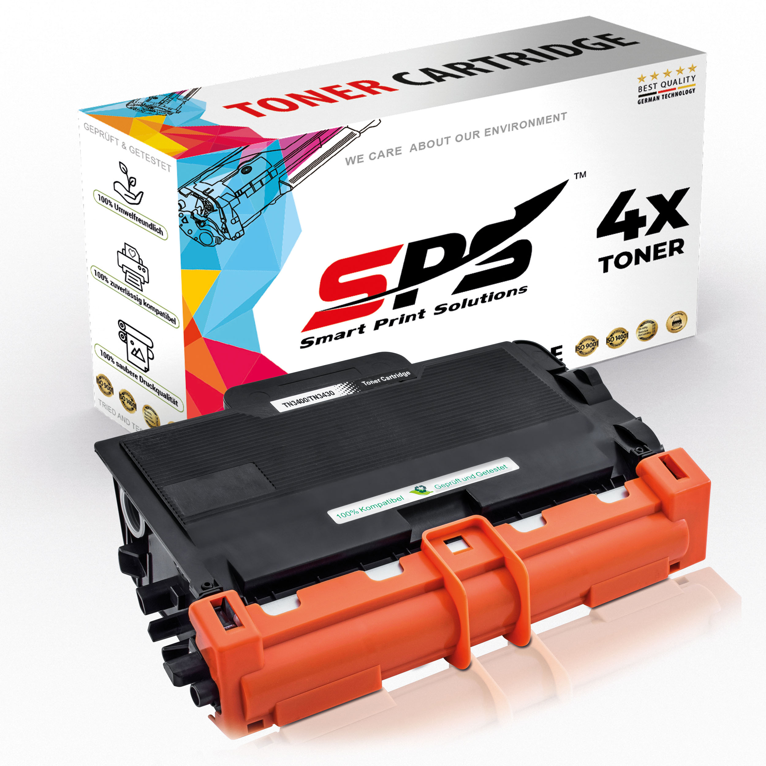 Schwarz-orange Tonerkartusche mit Box. Box zeigt 4x Toner und Markenlogo. Weißer Hintergrund.
