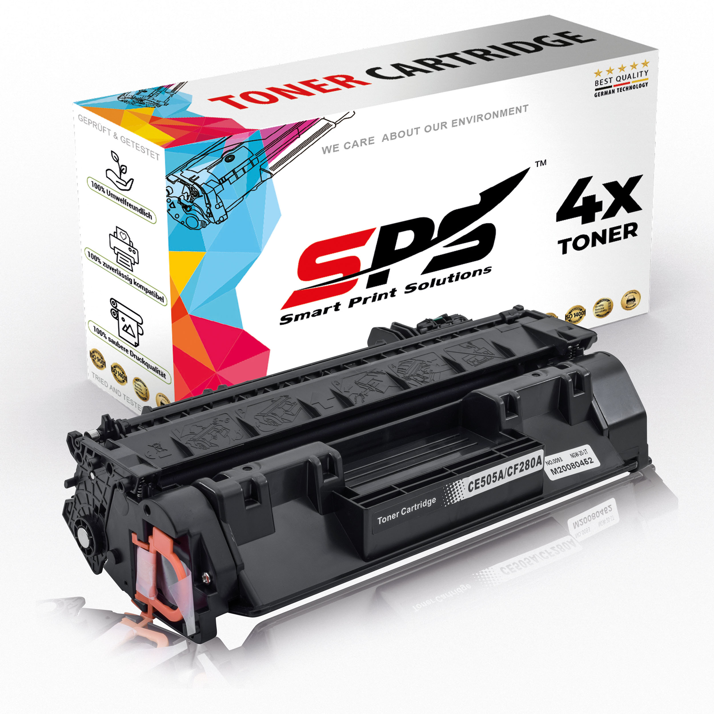 Tonerkartusche und Box. Schwarze Kartusche mit orangen Komponenten. Box zeigt 'TONER CARTRIDGE' und '4x TONER'.