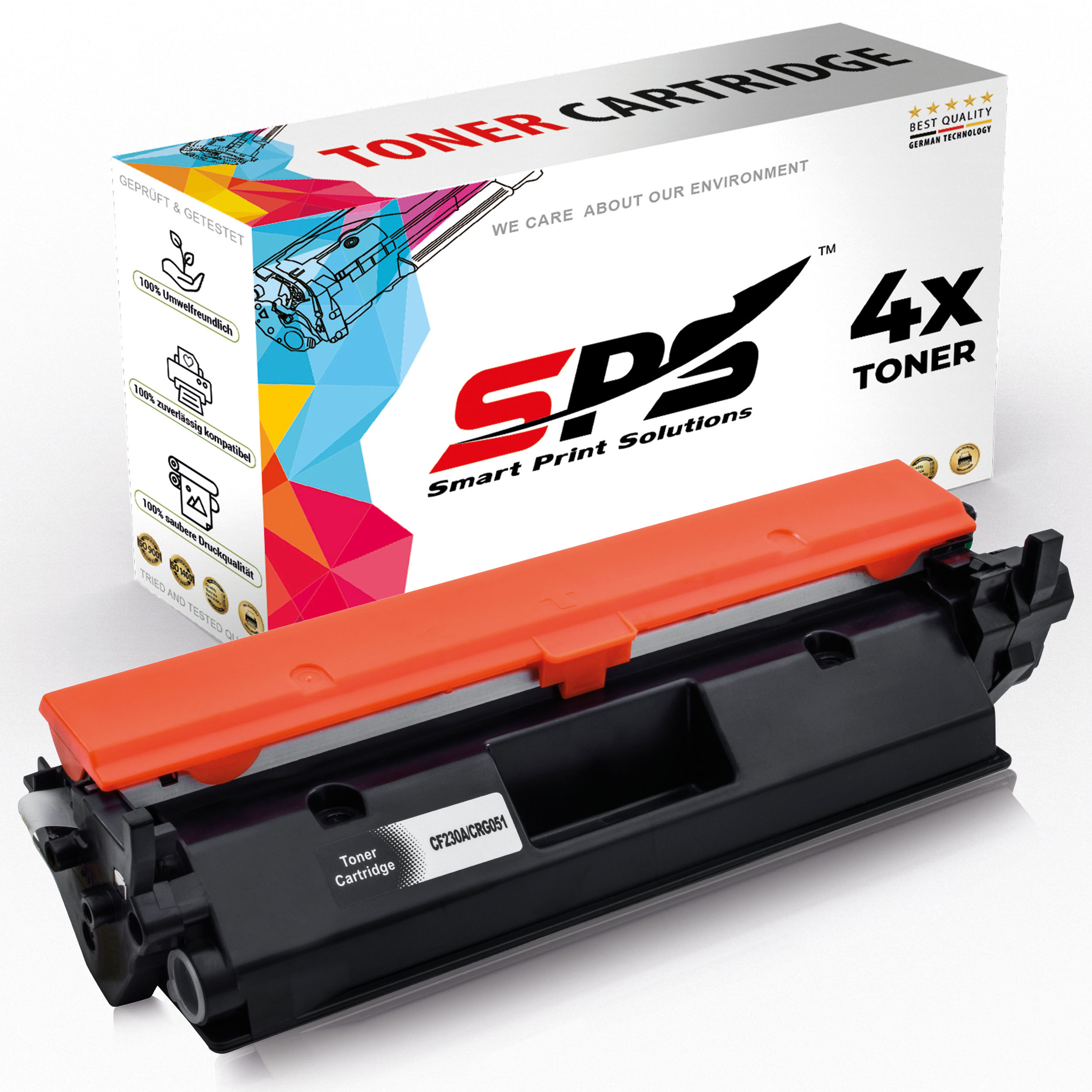 Schwarze Tonerkartusche mit orangefarbenen Elementen vor einer Box mit 'Toner Cartridge'.