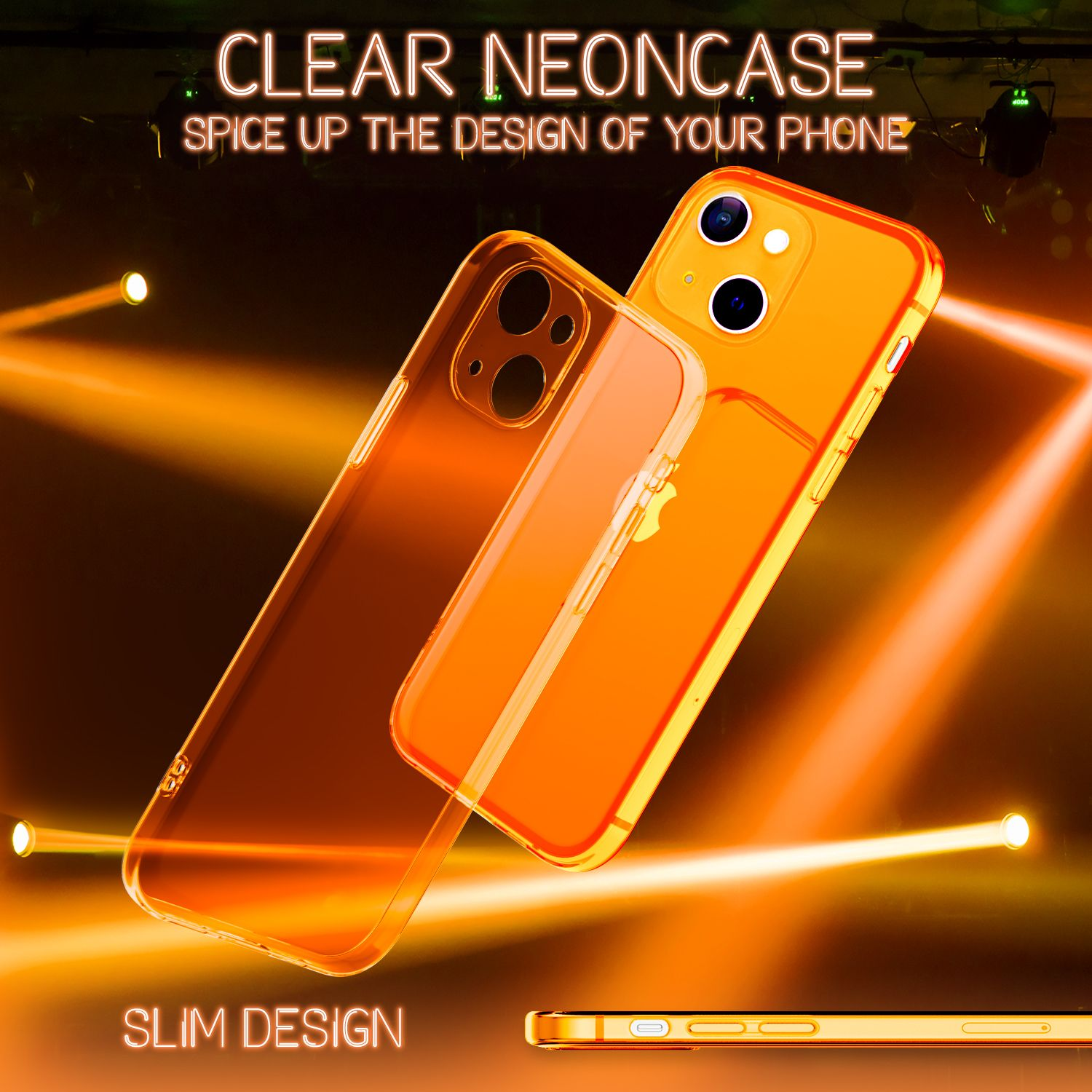 Custodie trasparenti arancioni per telefono. Un telefono è all'interno. Scritto 'CLEAR NEONCASE' e 'SLIM DESIGN'.