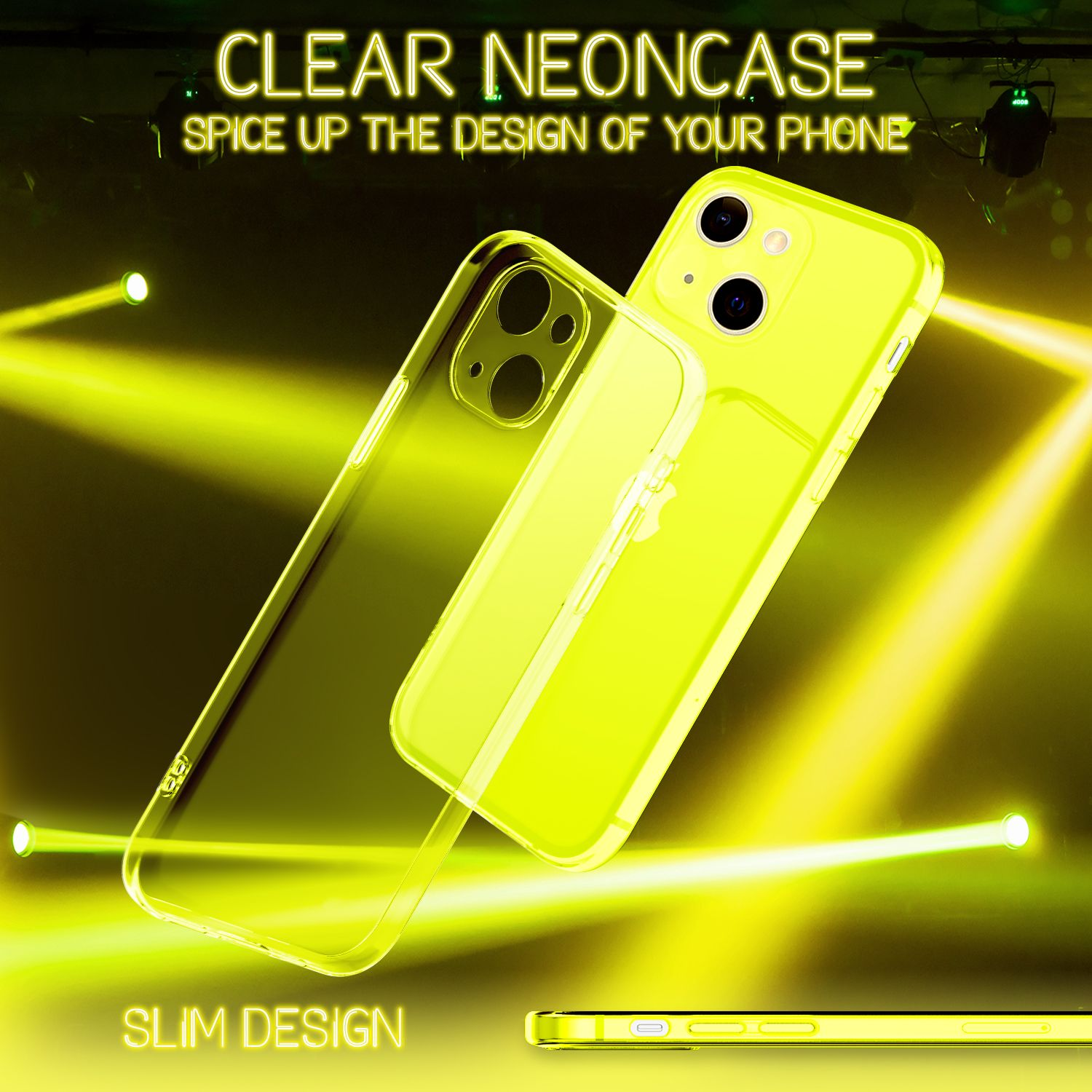 Due custodie trasparenti giallo neon con testo su uno sfondo neon sfocato.