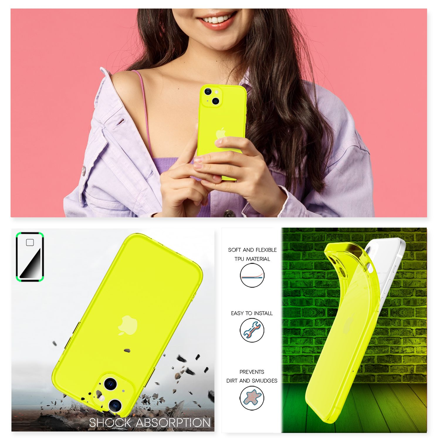 Donna tiene telefono giallo in custodia trasparente e gialla.