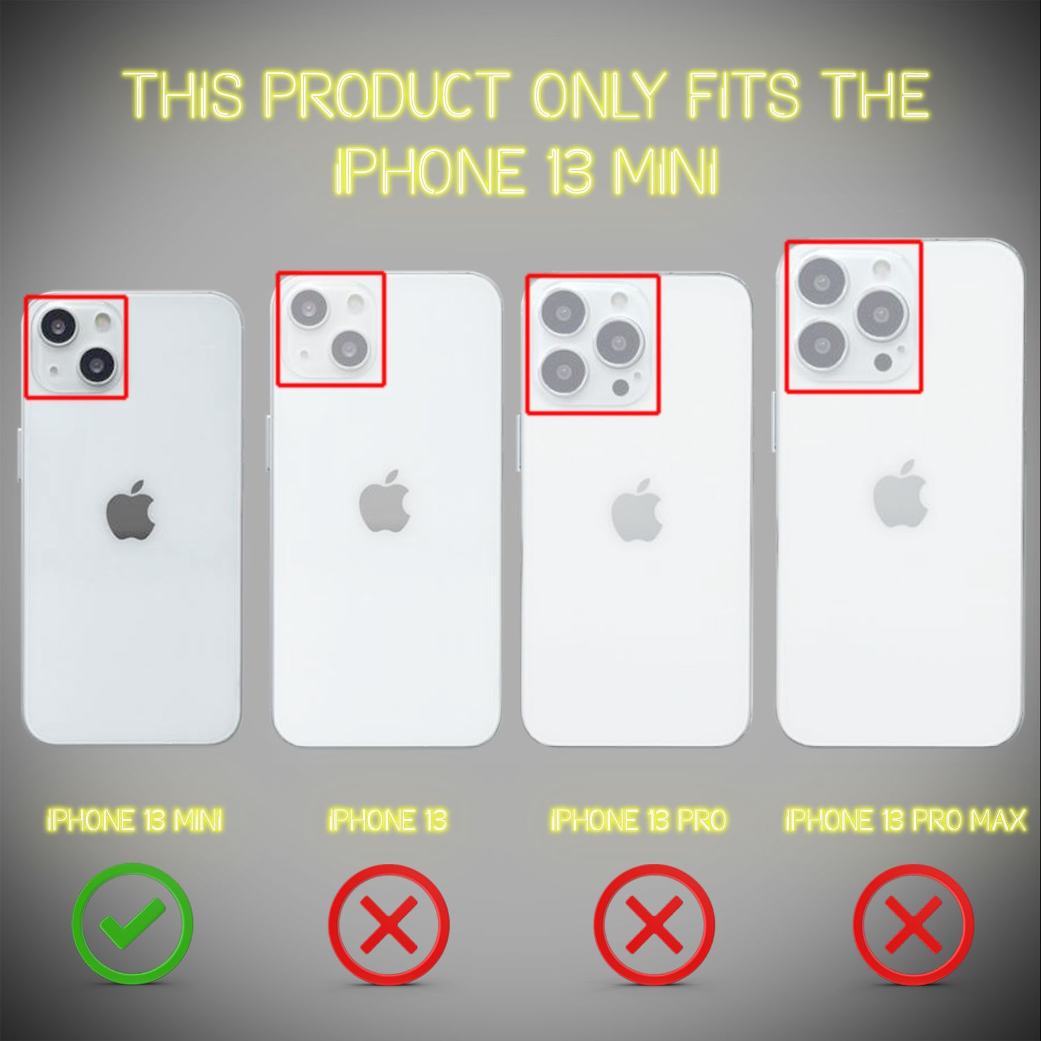 Telefoni bianchi con layout della fotocamera, il testo recita: "QUESTO PRODOTTO SI ADATTA SOLO ALL'IPHONE 13 MINI".