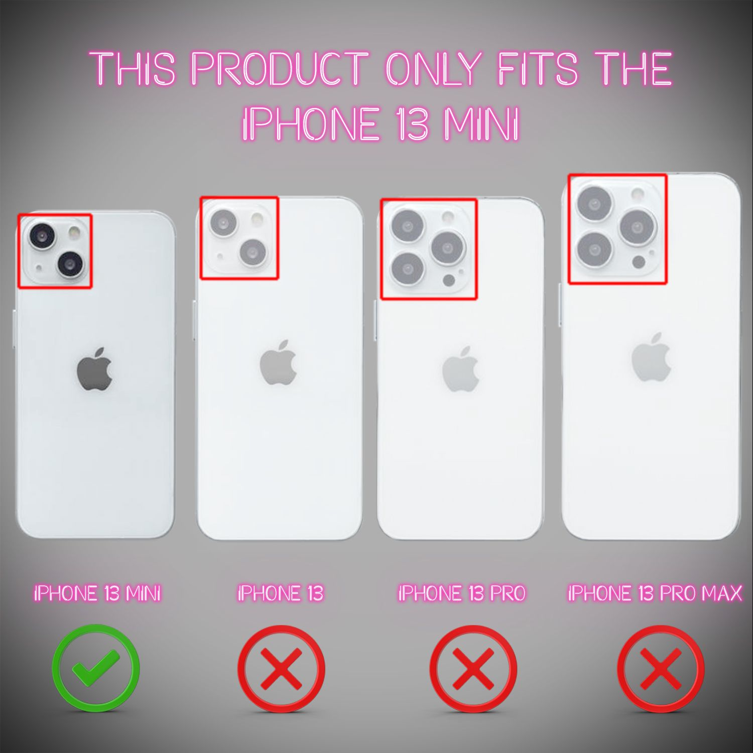 L'immagine mostra quattro iPhone bianchi. Il primo è l'iPhone 13 Mini, gli altri sono iPhone 13, 13 Pro e 13 Pro Max. Solo il Mini ha un segno di spunta verde.