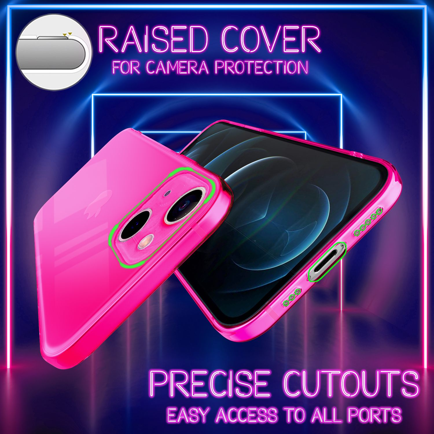 Custodia rosa per telefono, protezione fotocamera. Ritagli precisi per le porte.
