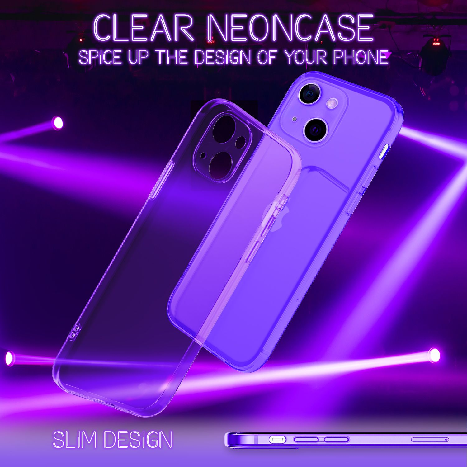 Lila Neon-Handyhülle, zwei Hüllen, mit lila Neon-Hintergrund und schlankem Design.