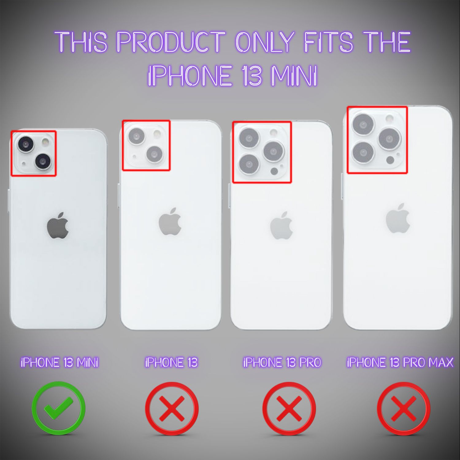 Das Bild zeigt vier weiße Telefone, nur das iPhone 13 Mini ist kompatibel.