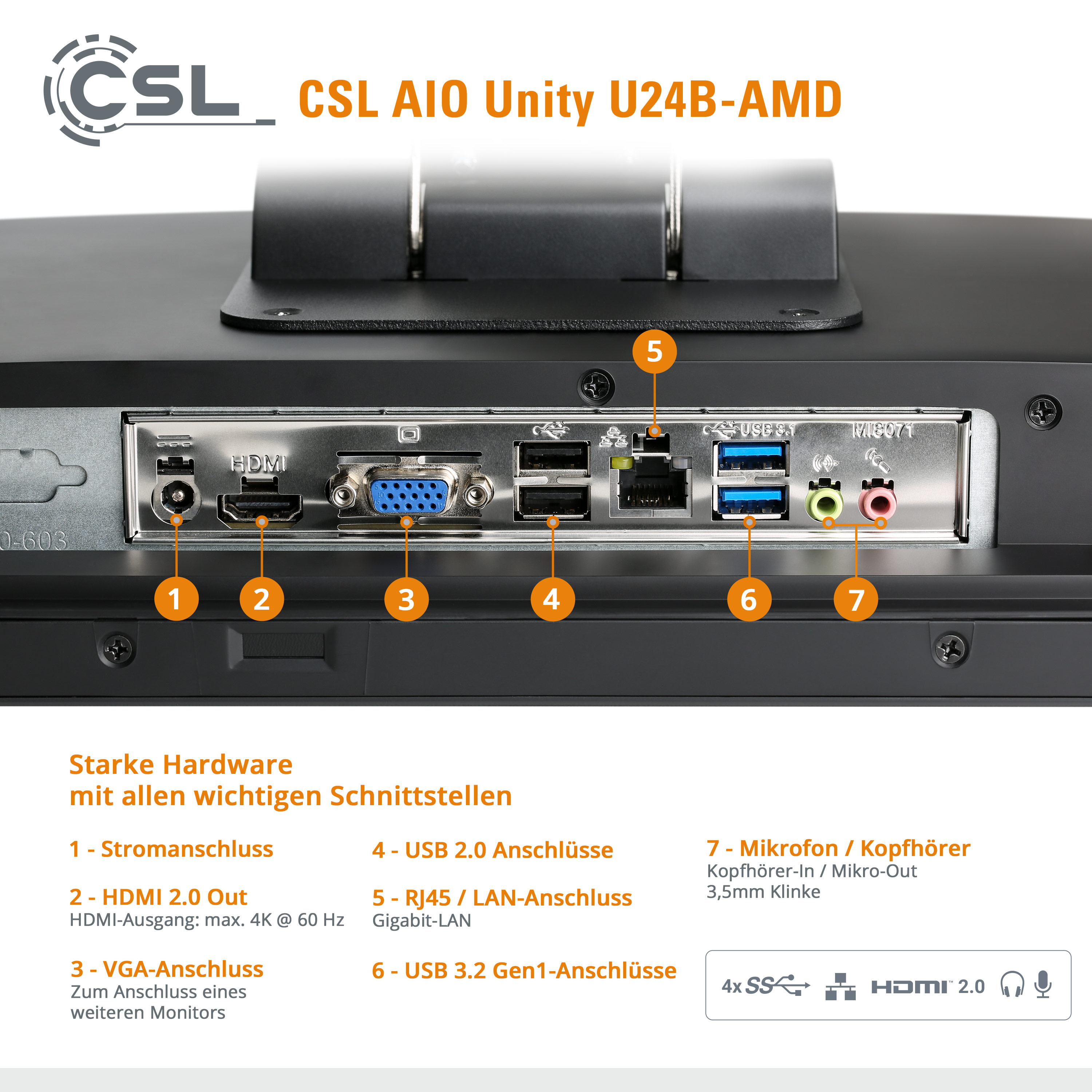 U24B-AMD 8, GB RAM, / 500 All-in-One-PC 8 RAM, 3200G 24 AMD / GB schwarz / CSL Unity mit 500 Vega SSD, Display, 8 Zoll GB GB