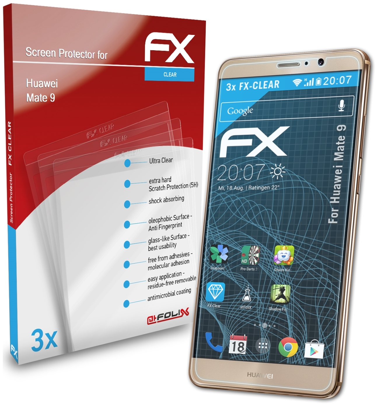 3x Mate ATFOLIX 9) Displayschutz(für FX-Clear Huawei