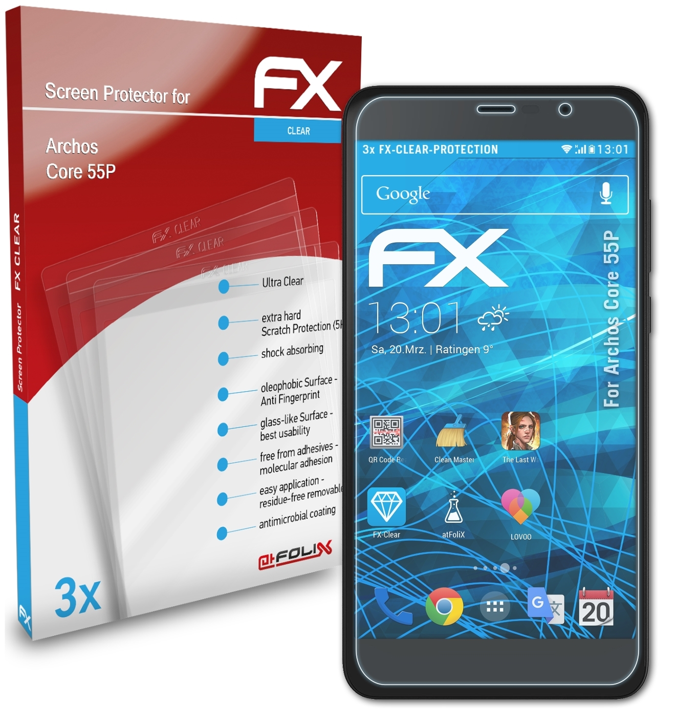 ATFOLIX 3x FX-Clear Displayschutz(für Archos 55P) Core