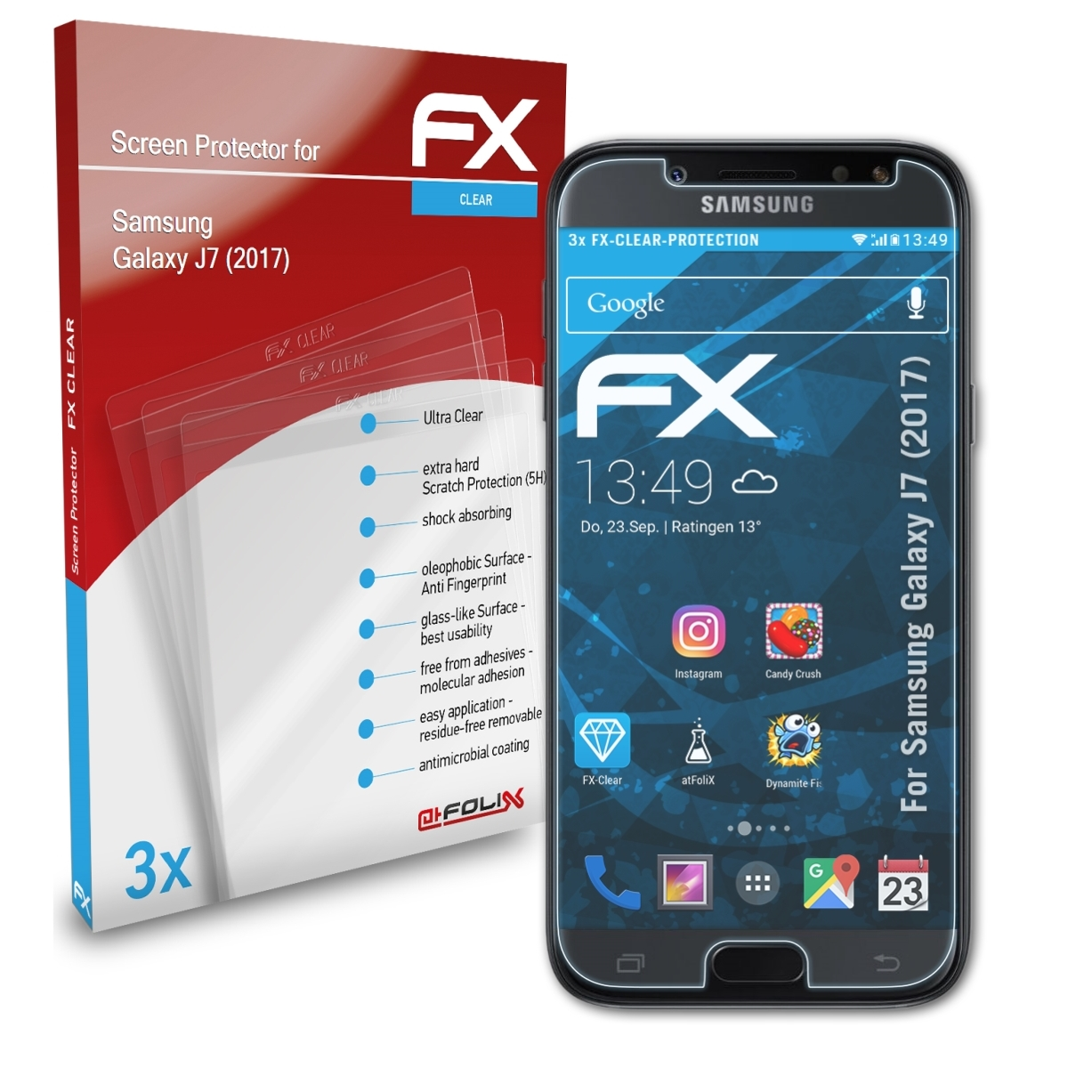 (2017)) Galaxy FX-Clear ATFOLIX Samsung J7 3x Displayschutz(für