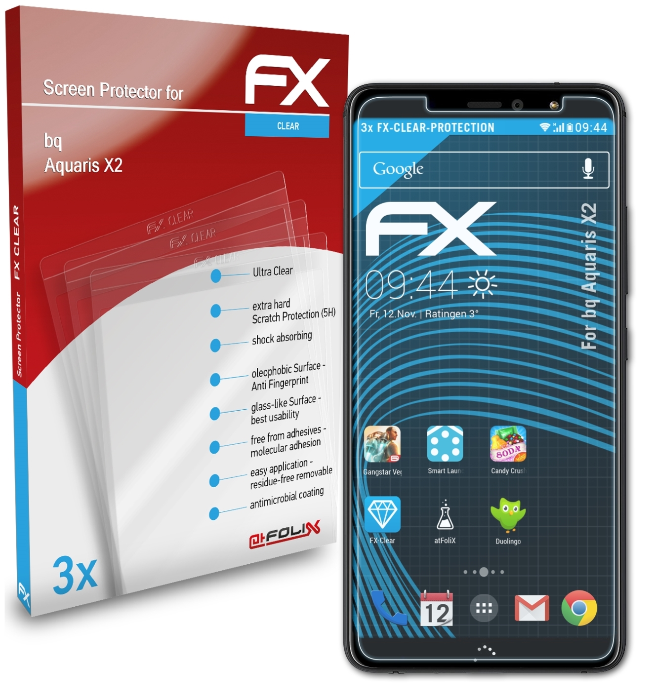 ATFOLIX 3x FX-Clear bq X2) Aquaris Displayschutz(für