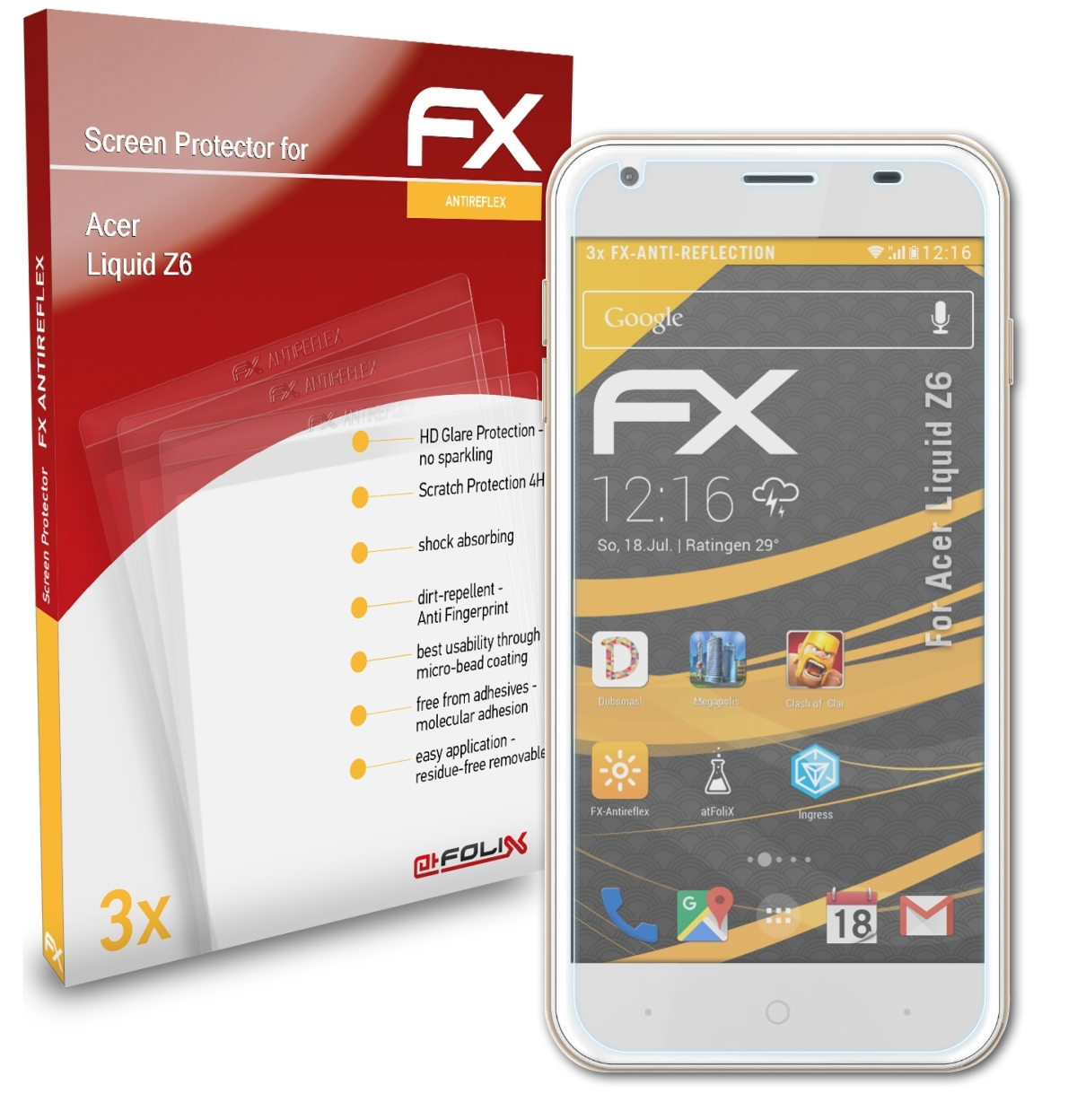 ATFOLIX Z6) Acer Liquid FX-Antireflex Displayschutz(für 3x