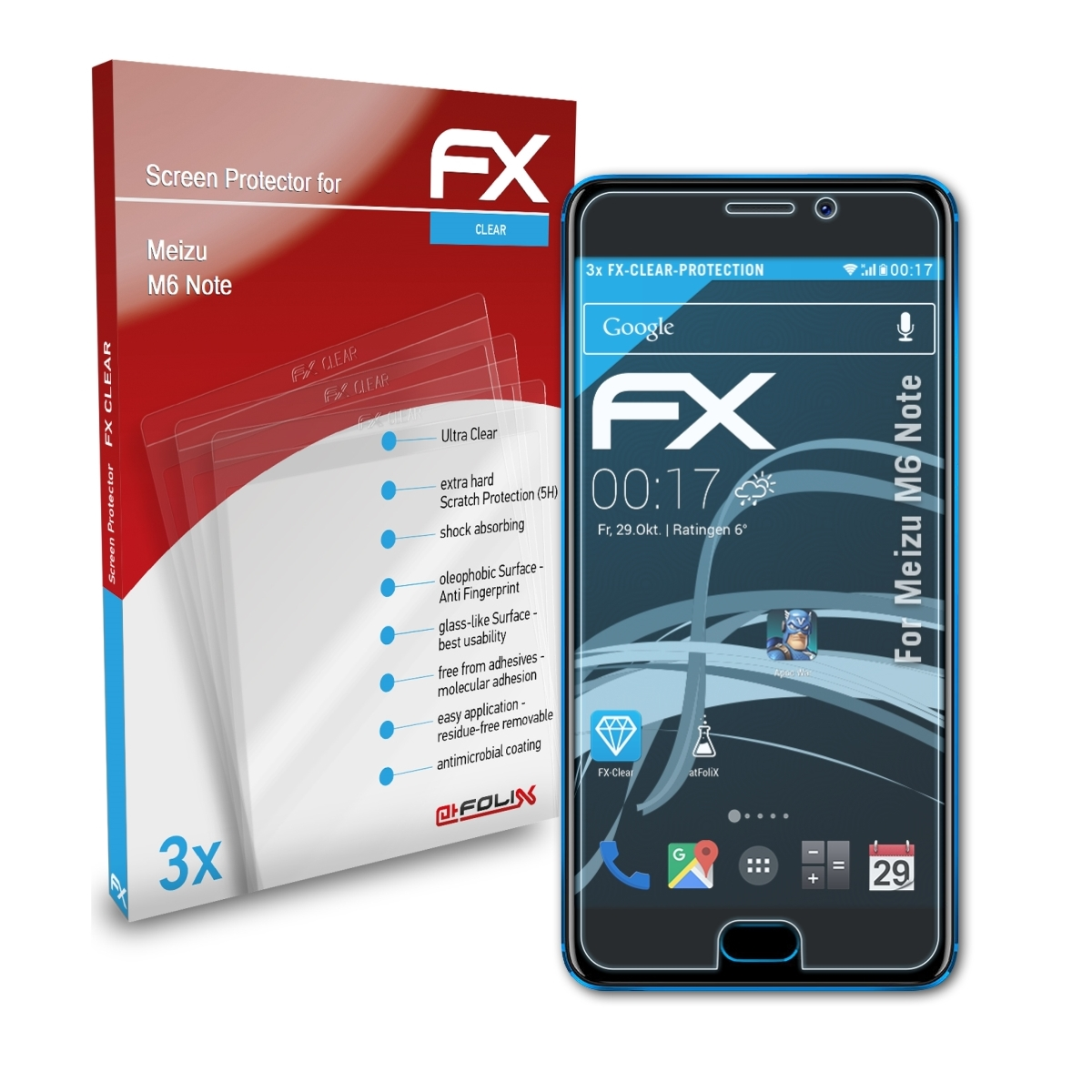 ATFOLIX 3x FX-Clear Displayschutz(für Meizu Note) M6