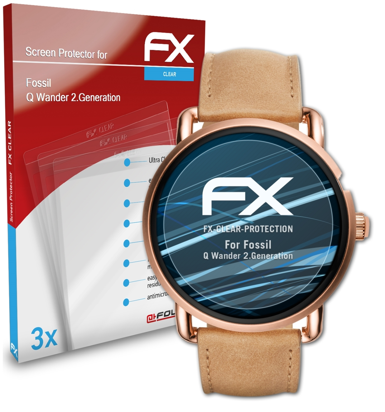 ATFOLIX 3x FX-Clear Fossil Q Wander Displayschutz(für (2.Generation))