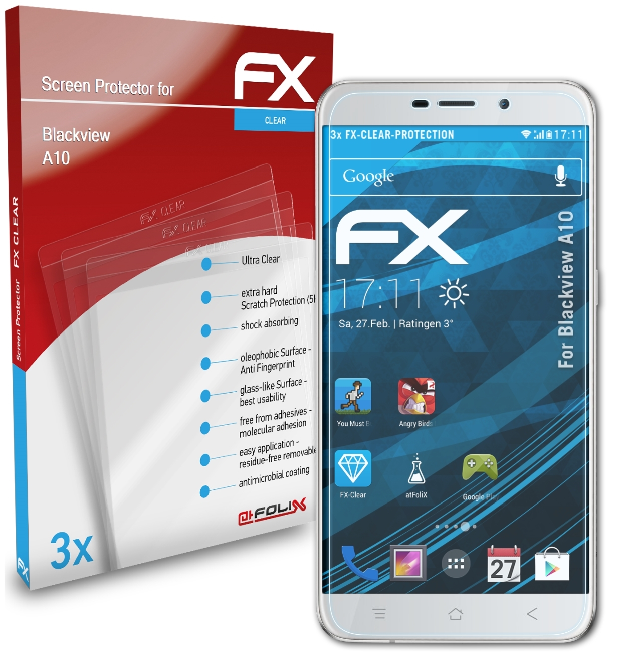 3x FX-Clear Displayschutz(für ATFOLIX Blackview A10)