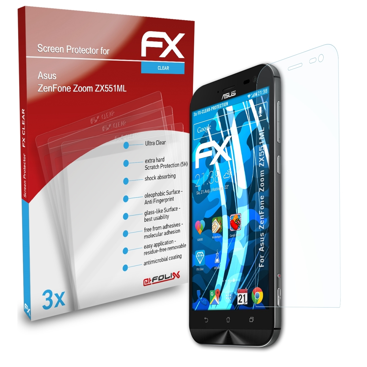 ATFOLIX 3x FX-Clear Displayschutz(für Asus (ZX551ML)) Zoom ZenFone