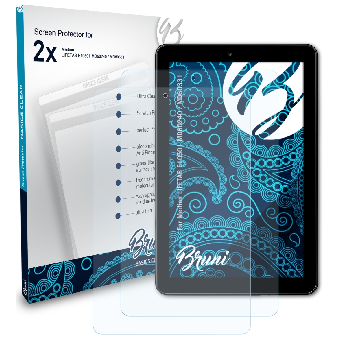 BRUNI 2x Basics-Clear Schutzfolie(für / LIFETAB (MD60240 Medion E10501 MD60331))