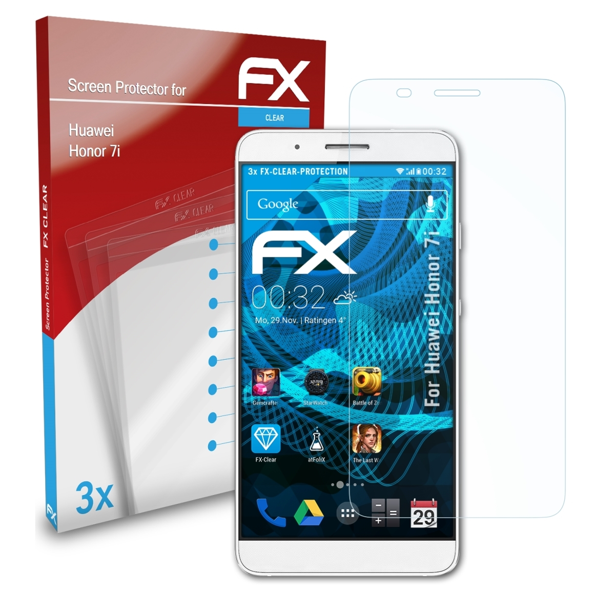 7i) Huawei 3x Displayschutz(für Honor ATFOLIX FX-Clear